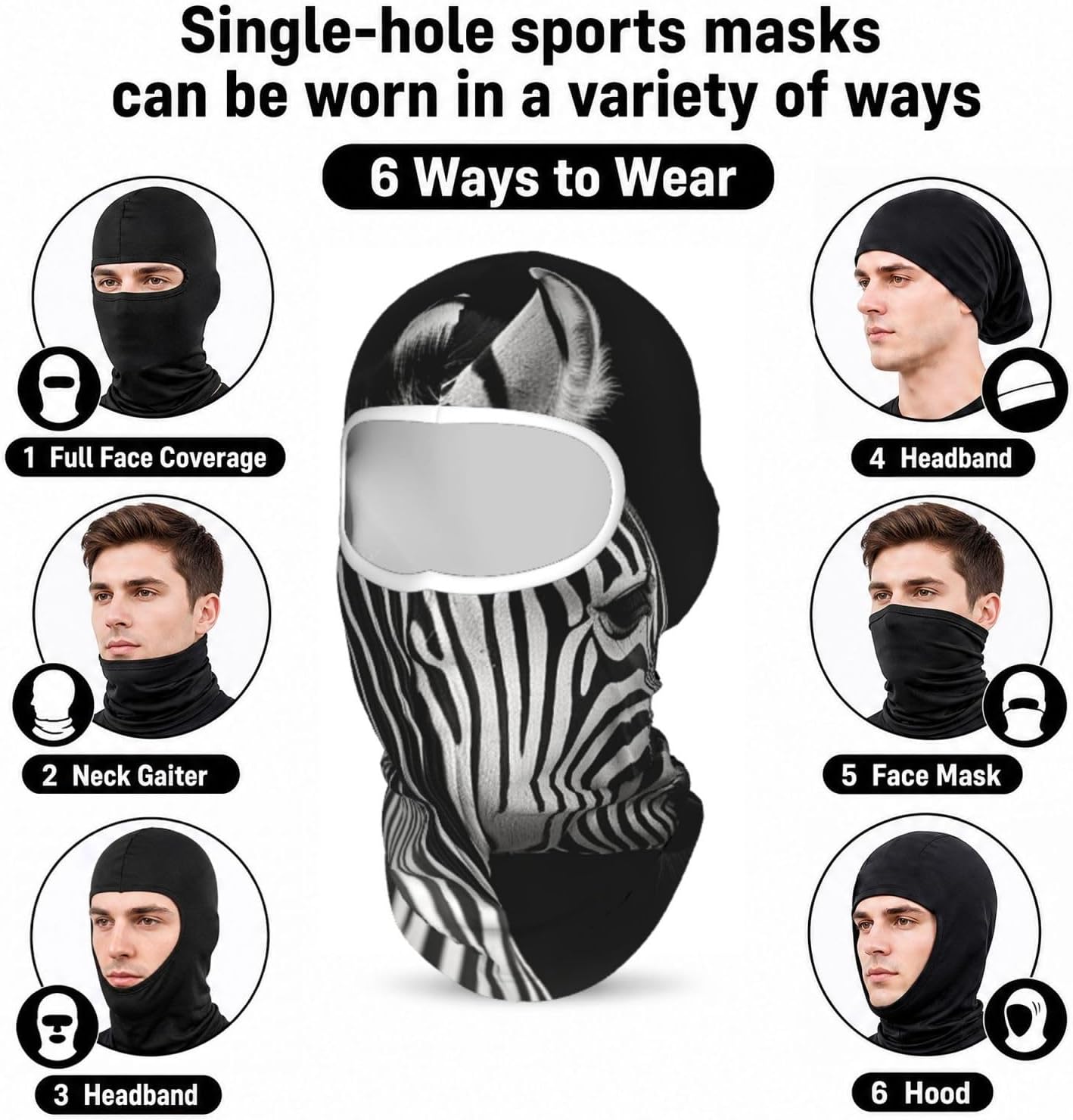 Black & White Zebra Balaclava Ski Mask for Men Women Full Face Mask Breathable Head Cover for Outdoor