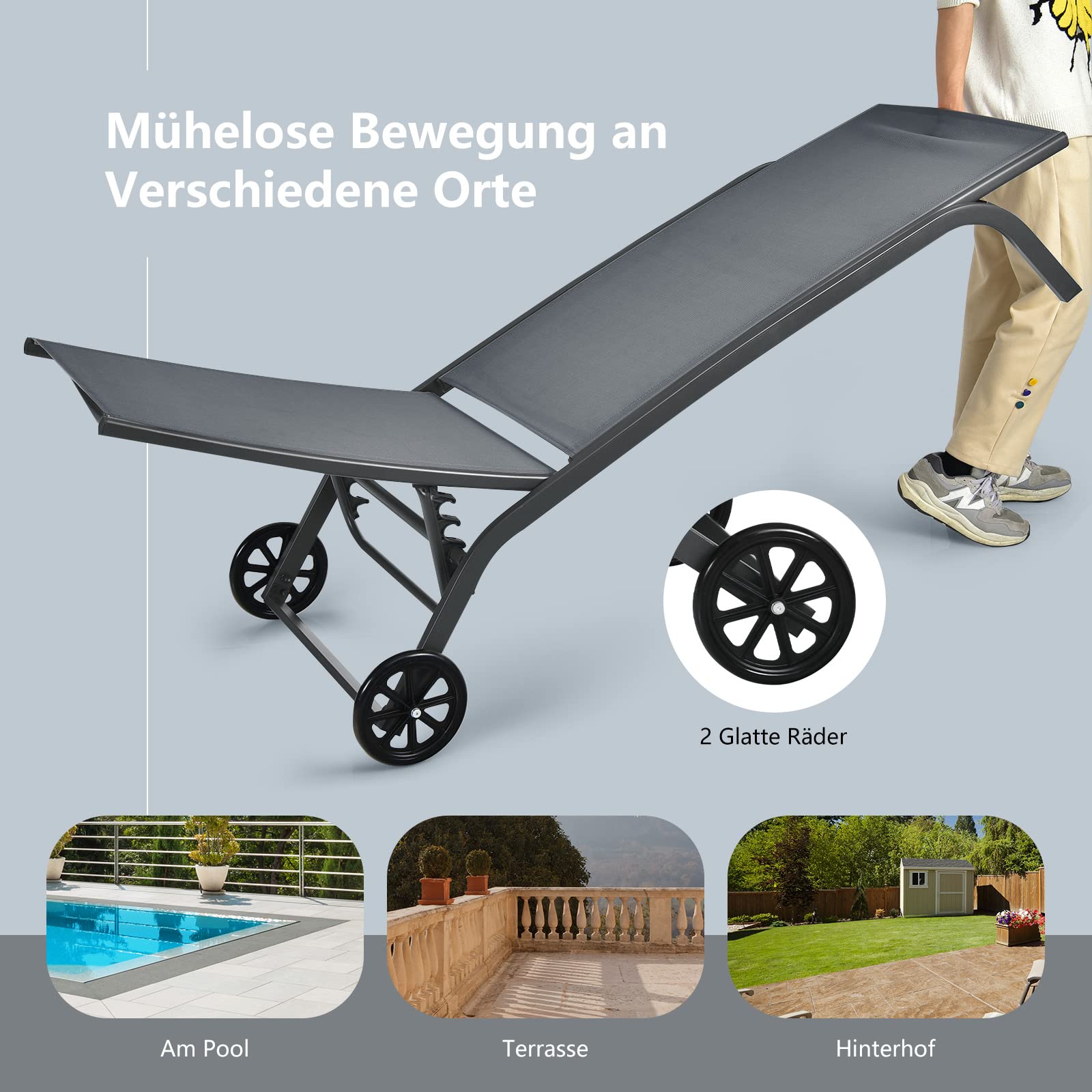 COSTWAY Sonnenliege mit Rollen, Gartenliege mit Verstellbarer Rückenlehne und schnell trocknendem Stoff, Relaxliege bis 150kg belastbar, Liegestuhl für Garten, Balkon, Terrasse (Grau)