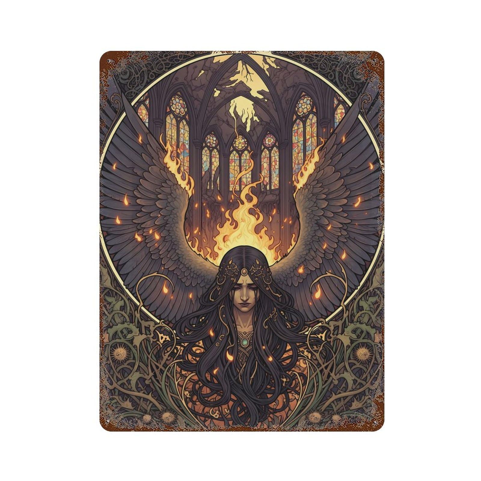 Winged Fallen Angel in Burning Cathedral Retro Metal Sign 15.7"x11.8", Classic Wall Plaque for Garage, Pub Or Kitchen