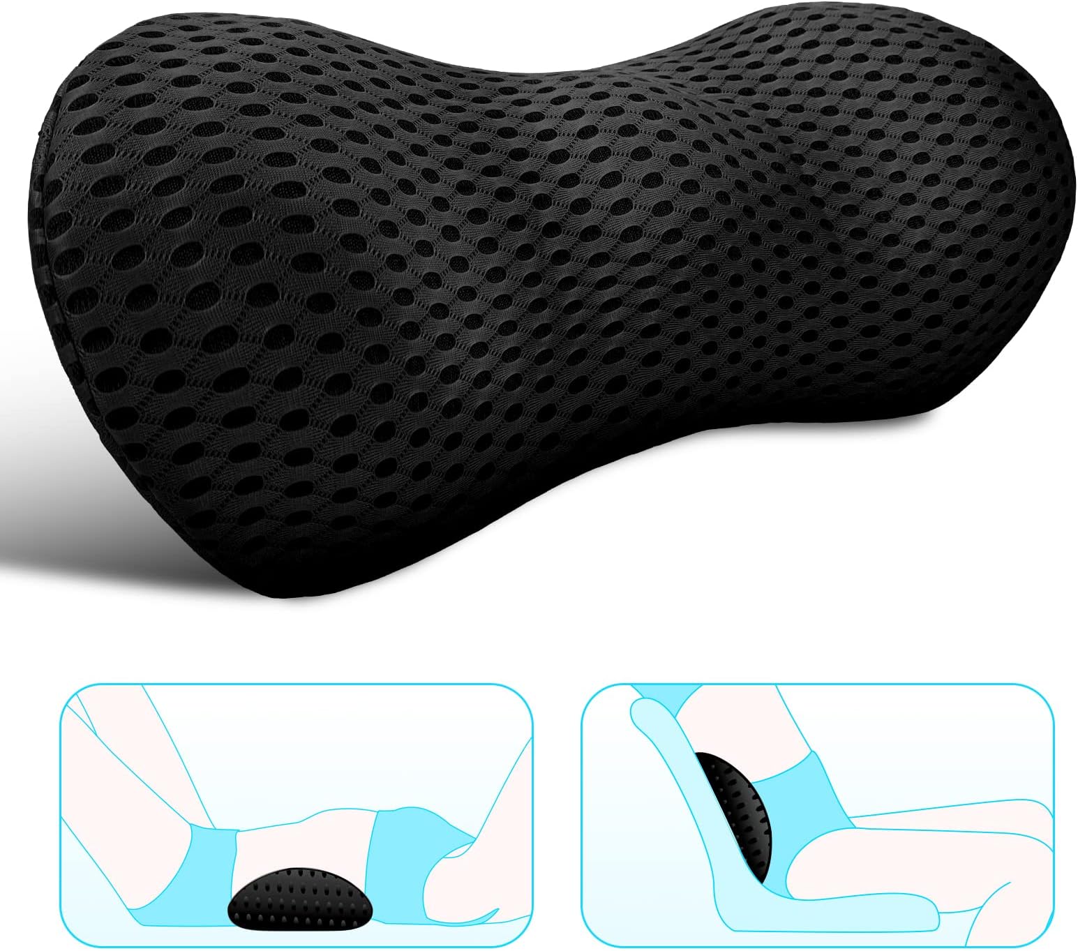 Lumbar Support Pillow - Memory Foam for Low Back Pain Relief, Ergonomic Streamline Car Seat, Office Chair, Recliner and Bed (Black)