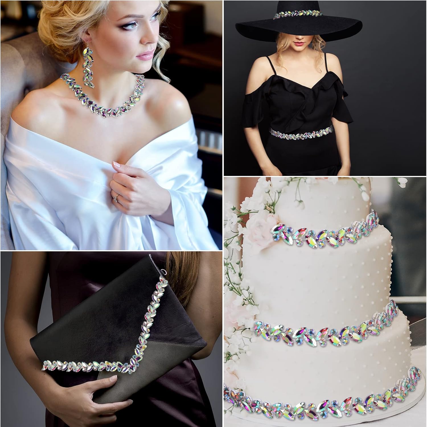 BBTO Rhinestone Chain Trim Applique Embellishment Crystal Wedding Bridal Costume Flower Leaf Chain Sewing Bling Trim for Jewelry DIY Necklace Bags Parties(3 Yards,AB)