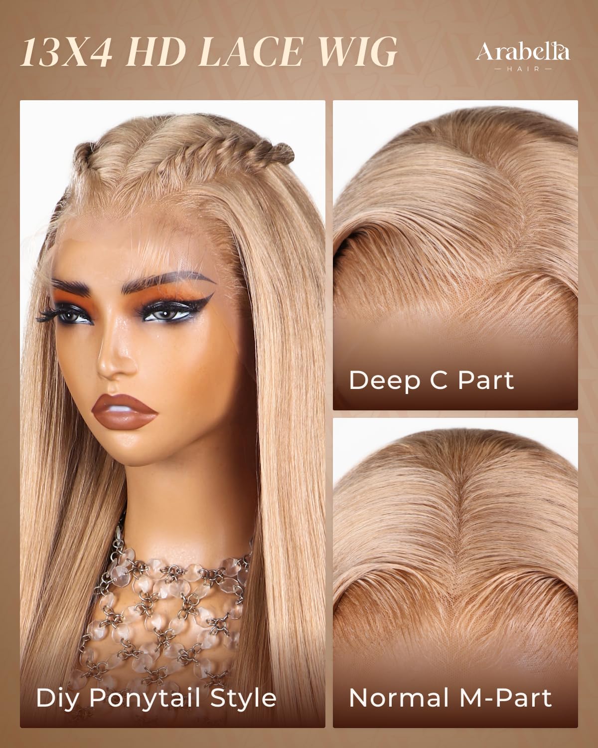 Arabella 13x4 Lace Front Wig - Human Hair, 220% Density, Light Brown Blonde, Straight, Glueless, Pre-Plucked, Bleached Knots (20inch, Straight)