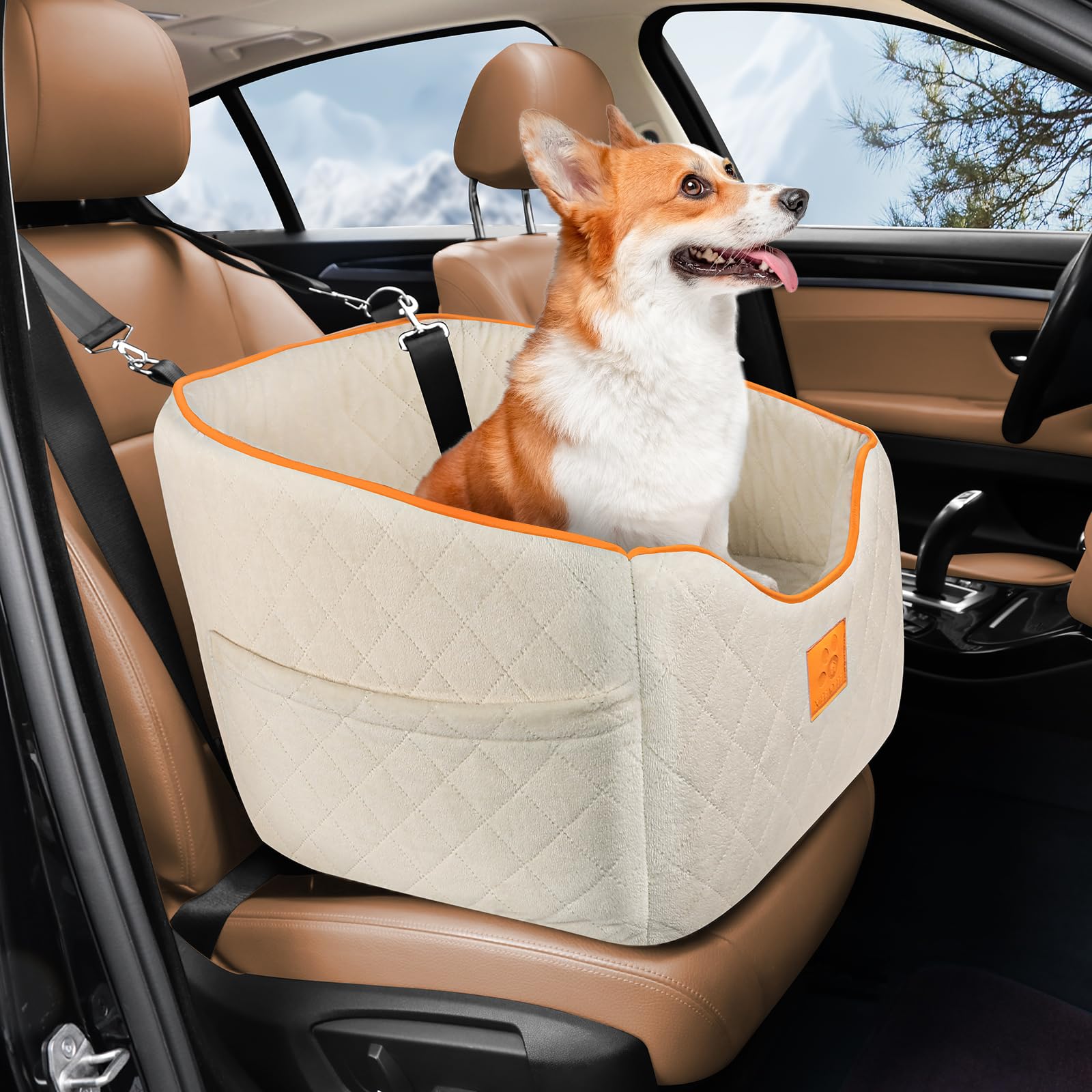 Dog Car Seat for Small Dogs, Memory Foam Booster Dog Seat for Dogs up to 35 lbs, Elevated Pet Car Seat, Travel Safety Car Seat with Washable Removable Cover, Storage Pockets (Beige)