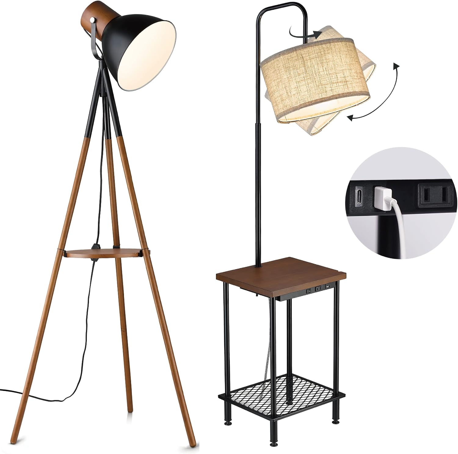ELYONA Dimmable Tripod Floor Lamp with Table & Industrial Floor Lamp