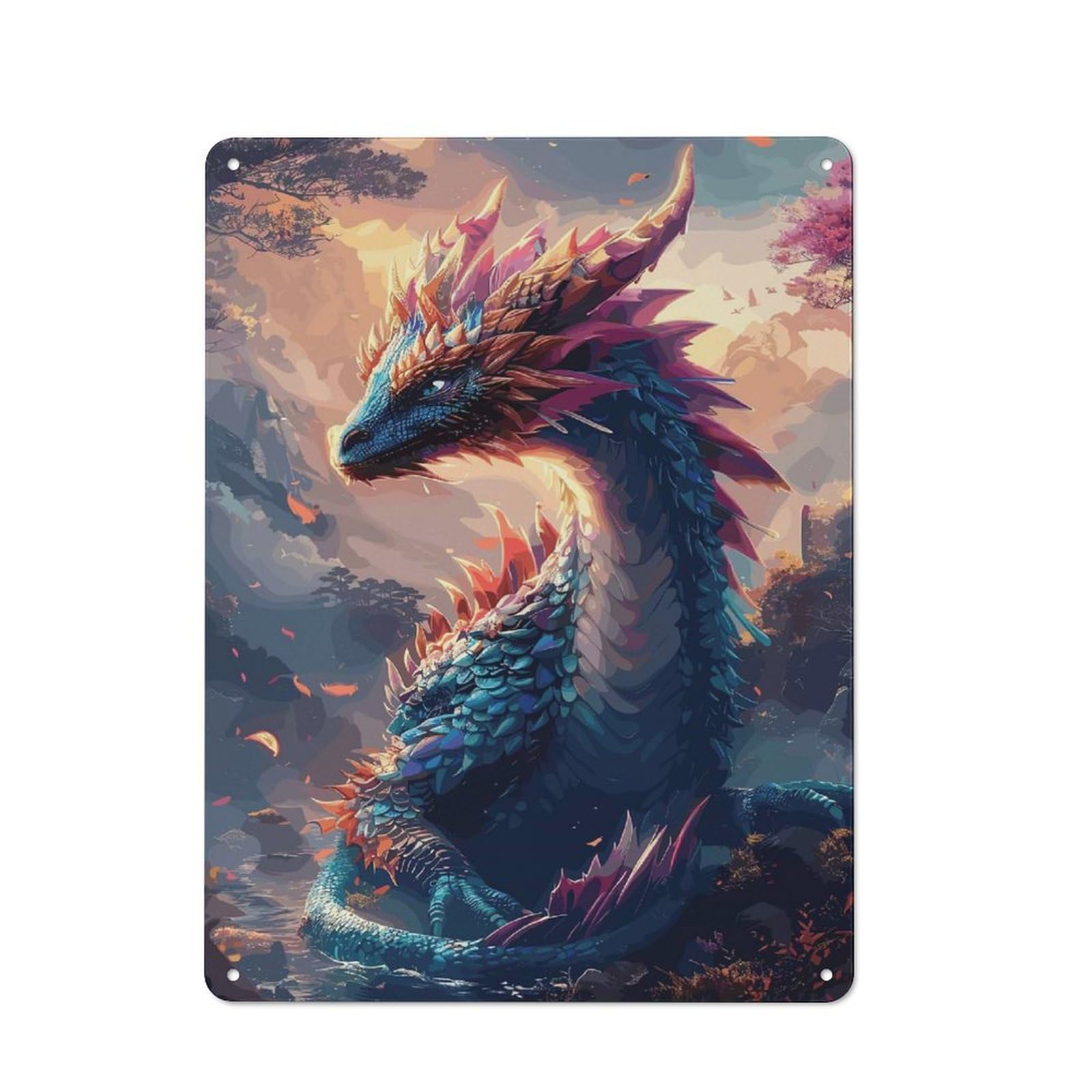 Junmoney Fantasy Dragon Colorful Tin Wall Plaque 40X30cm With For Home Office Or Studio, For Home Office Decor Fans