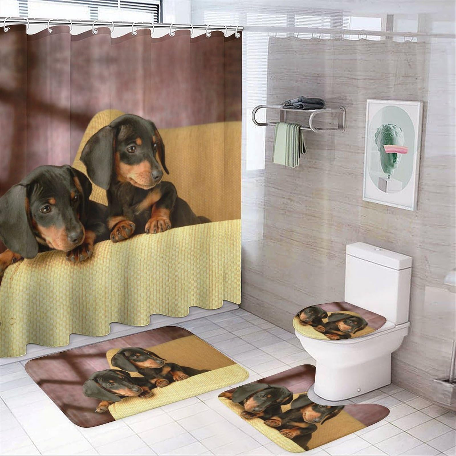 Wlntrophic Bathroom Mat Set 4 Piece, Cute Dachshund Shower Curtain with Non-Slip Bath Mats for Bathroom
