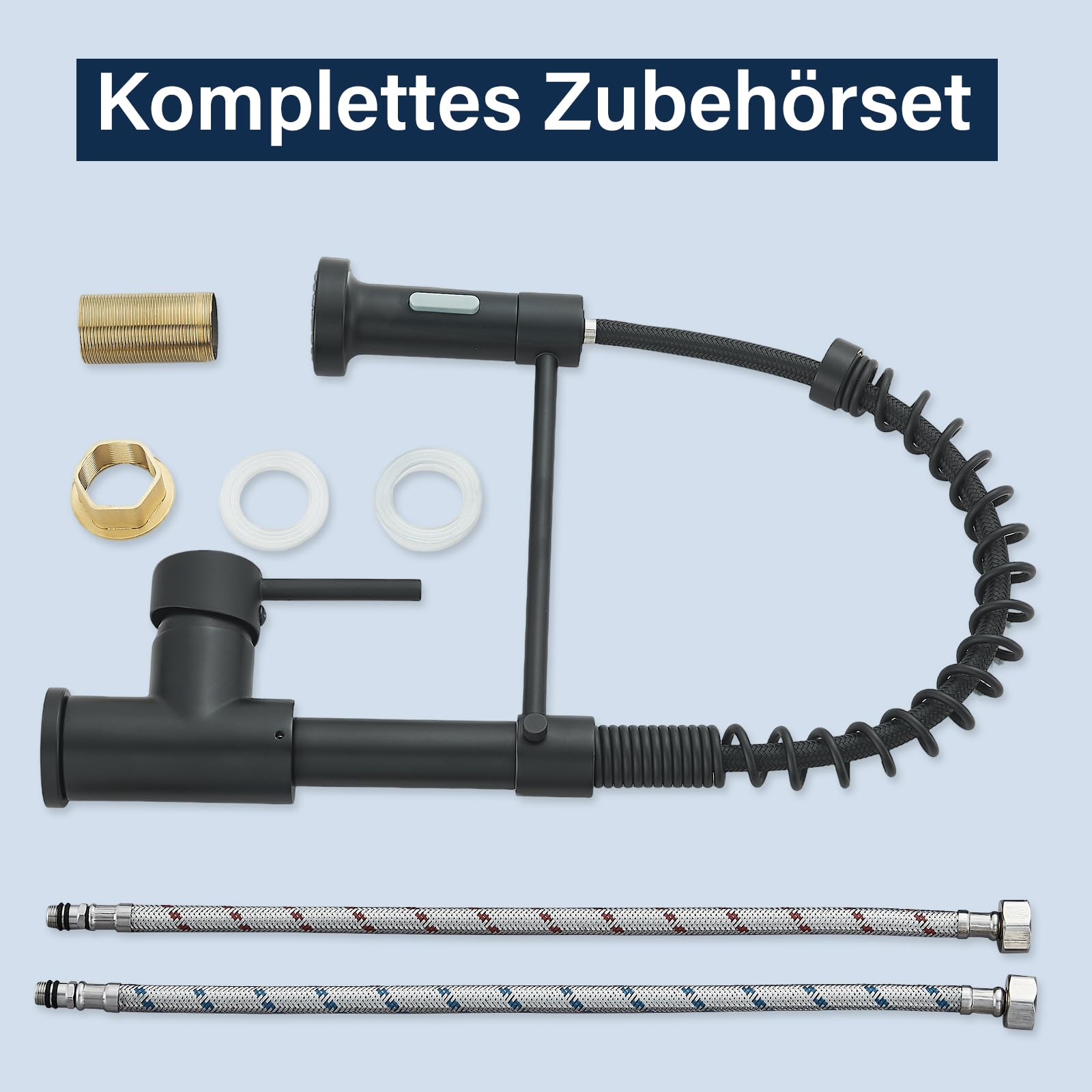 Wasserhahn Küche Schwarz Küchenarmatur mit Brause Mischbatterie Küche 360° Drehbar 2 Sprühfunktionen Spültischarmatur