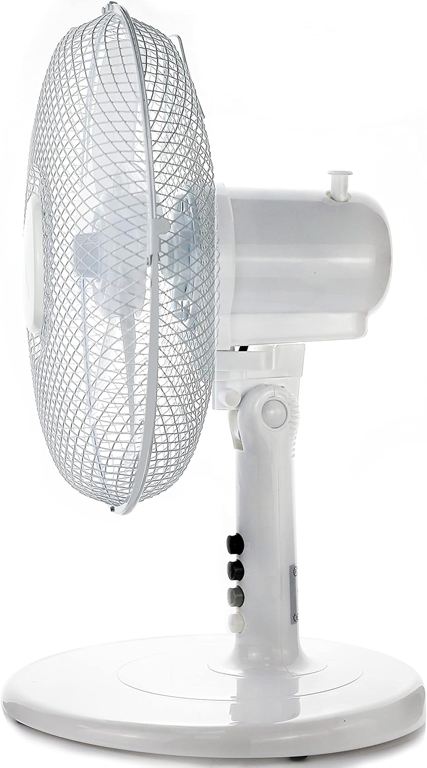 Side view of Belaco 12-inch Oscillating Table Fan showing control buttons and oscillation knob