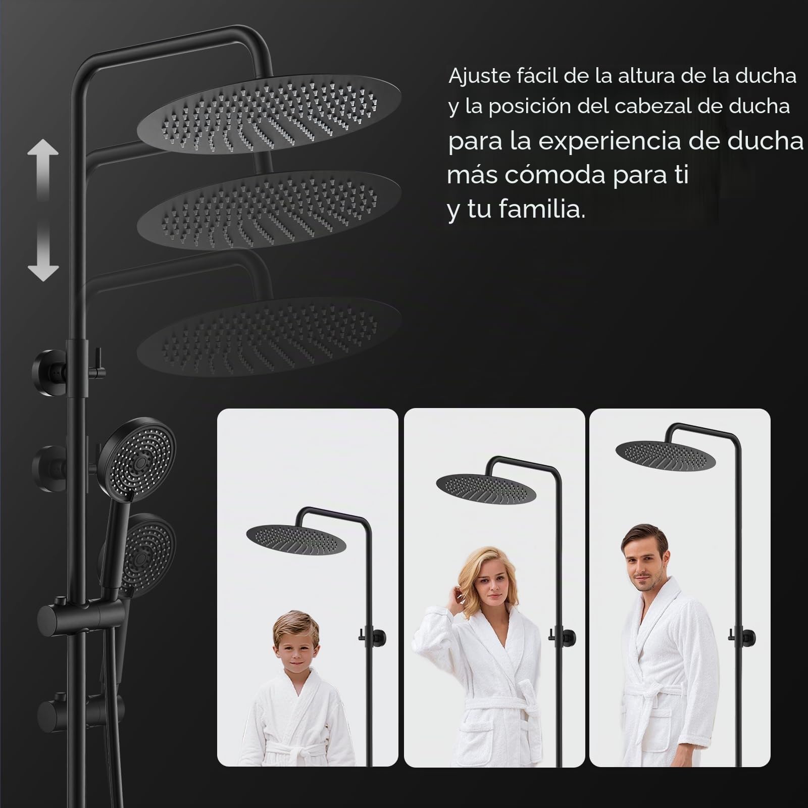 HOMELODY Ducha de efecto lluvia negra Sistema de ducha sin grifo, juego de ducha de efecto lluvia de acero inoxidable de 300 mm, altura ajustable, 3 tipos de chorro de ducha, juego de ducha de columna