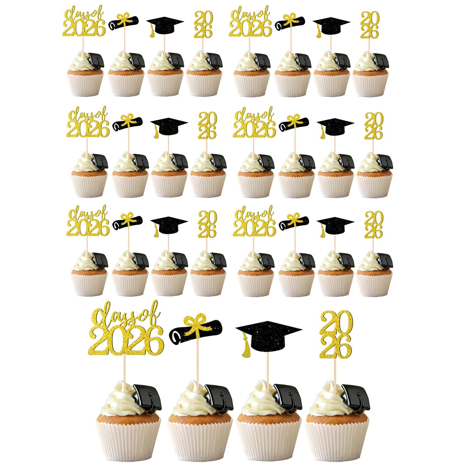 Photo 1 of 2026 Graduation Cupcake Toppers - 36 Pcs Glitter Graduation Party Decorations with 2026 Signs, Grad Cap & Diploma Picks for 2026 Senior Graduation Party Cake Decor (Gold)