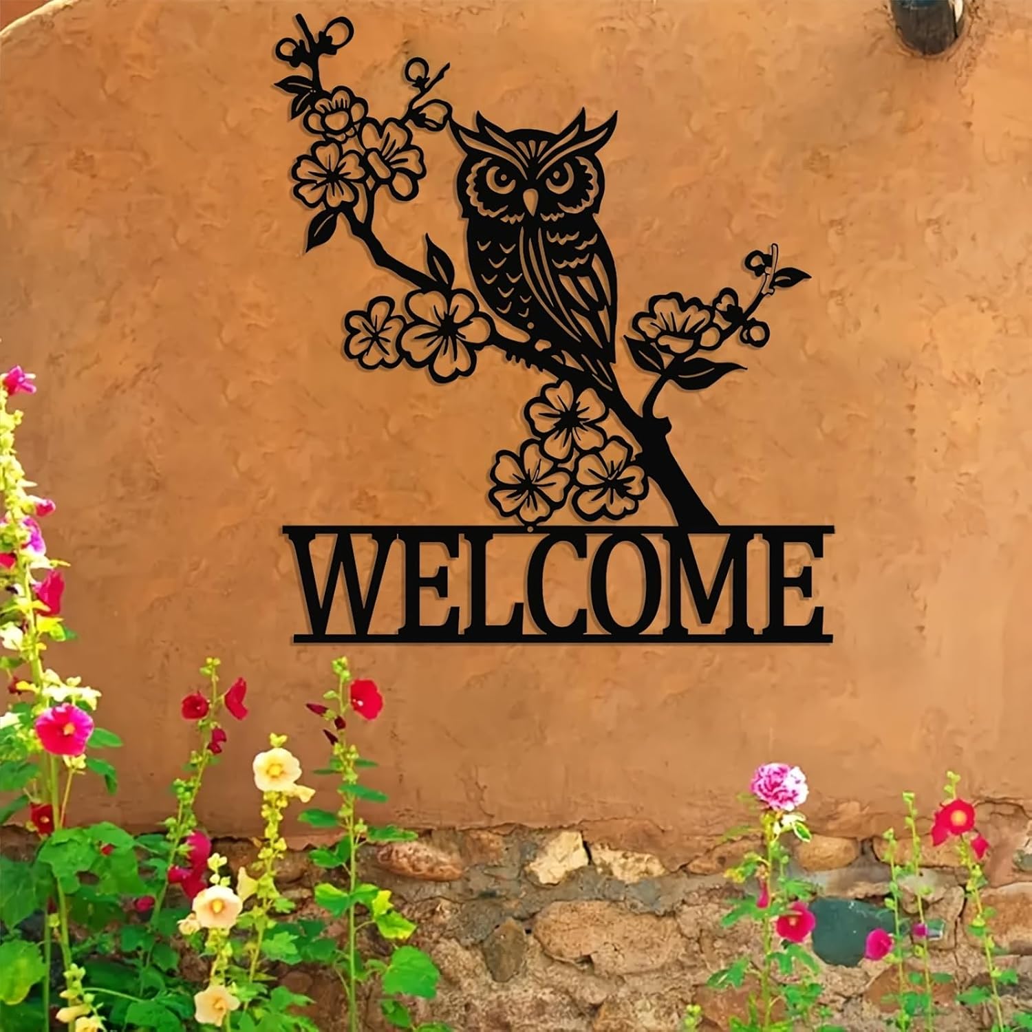 Metal Owl Welcome Sign Wall Art, Decorative Hanging Plaque for Indoor & Outdoor, for Home, Garden, Balcony, and Terrace Decor, Black Art Wall Decor,11.81 * 11.58in