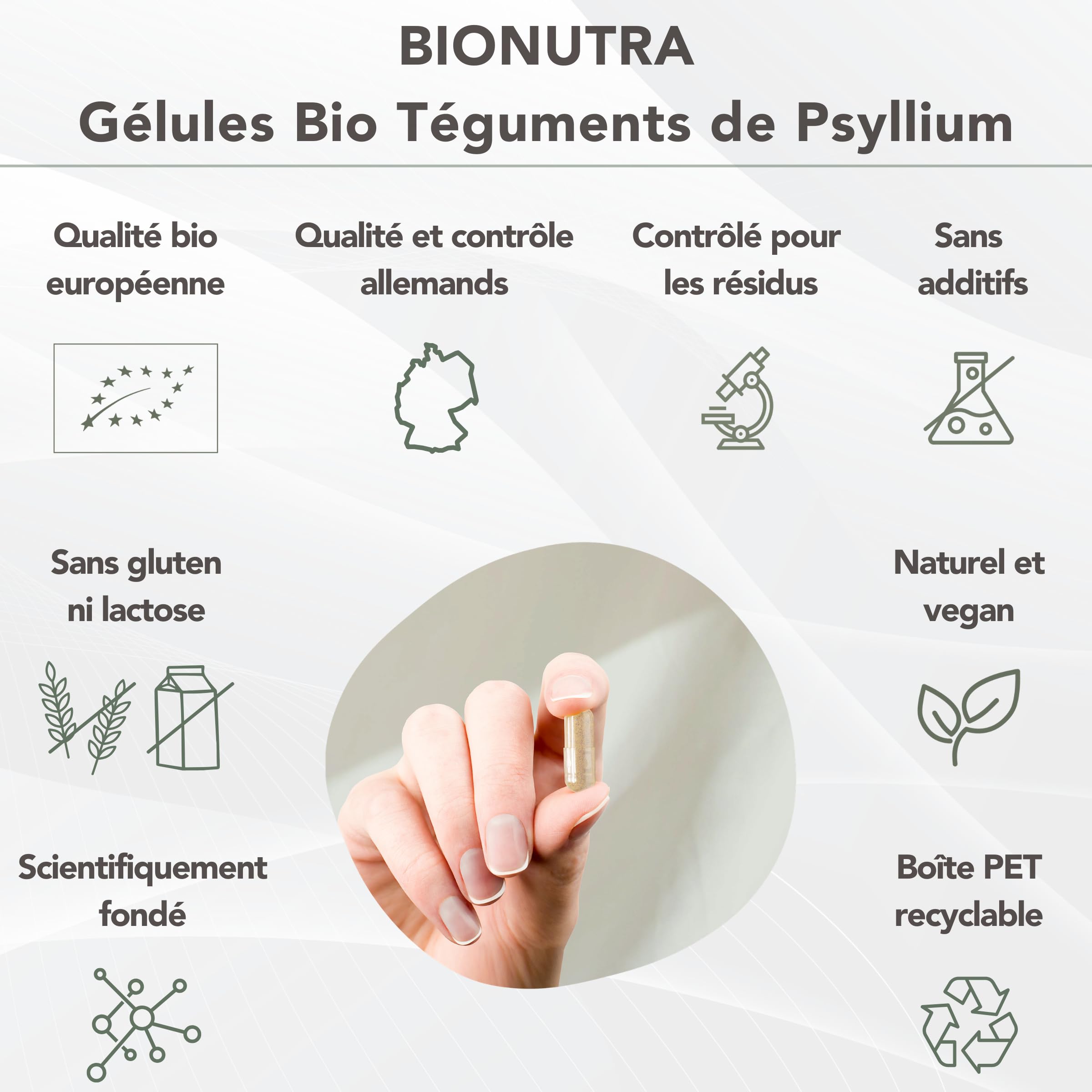 BIONUTRA® Gélules de psyllium bio hautement dosées 2250 mg/jour, 1800 mg fibres, contrôlées résidus, fabrication allemande, véganes, sans additifs, 270 pièces x 750 mg