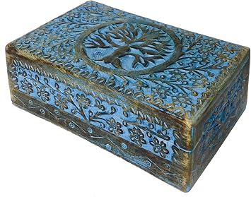 Vrinda Hand-Carved Wooden Box - Decorative Treasure Chest Box Tree of Life Pattern - Exquisite Storage Solution Ideal for Jewellery, Watches, Others - Brown, 8X5 Inch