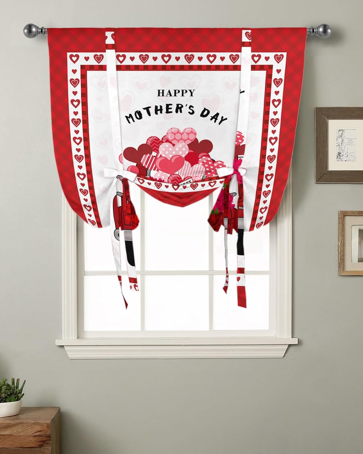 Mother's Day Tie Up Window Shade Curtain Gnome MOM Letter Grey Wood Plank Kitchen Adjustable Balloon Curtains Shades Drape 52x63In for Living Room/Bedroom/Cafe Windows Love Plaid