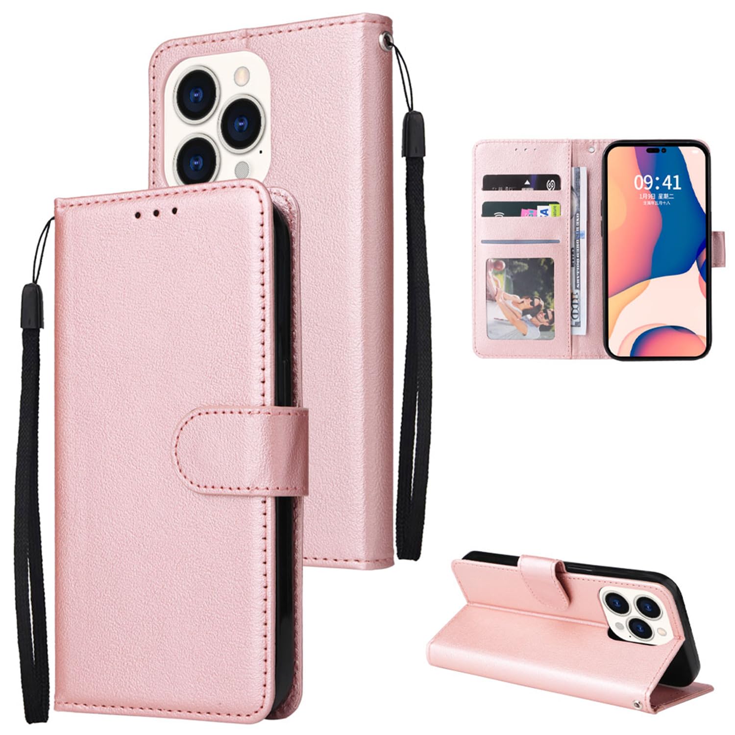Wallet Case for VIVO Y11/1906 with Strap,for Women Men,[3 Card Slots] [Wrist Strap] with Magnetic Closure Kickstand Wrist Strap Shockproof Flip Case–Rose gold
