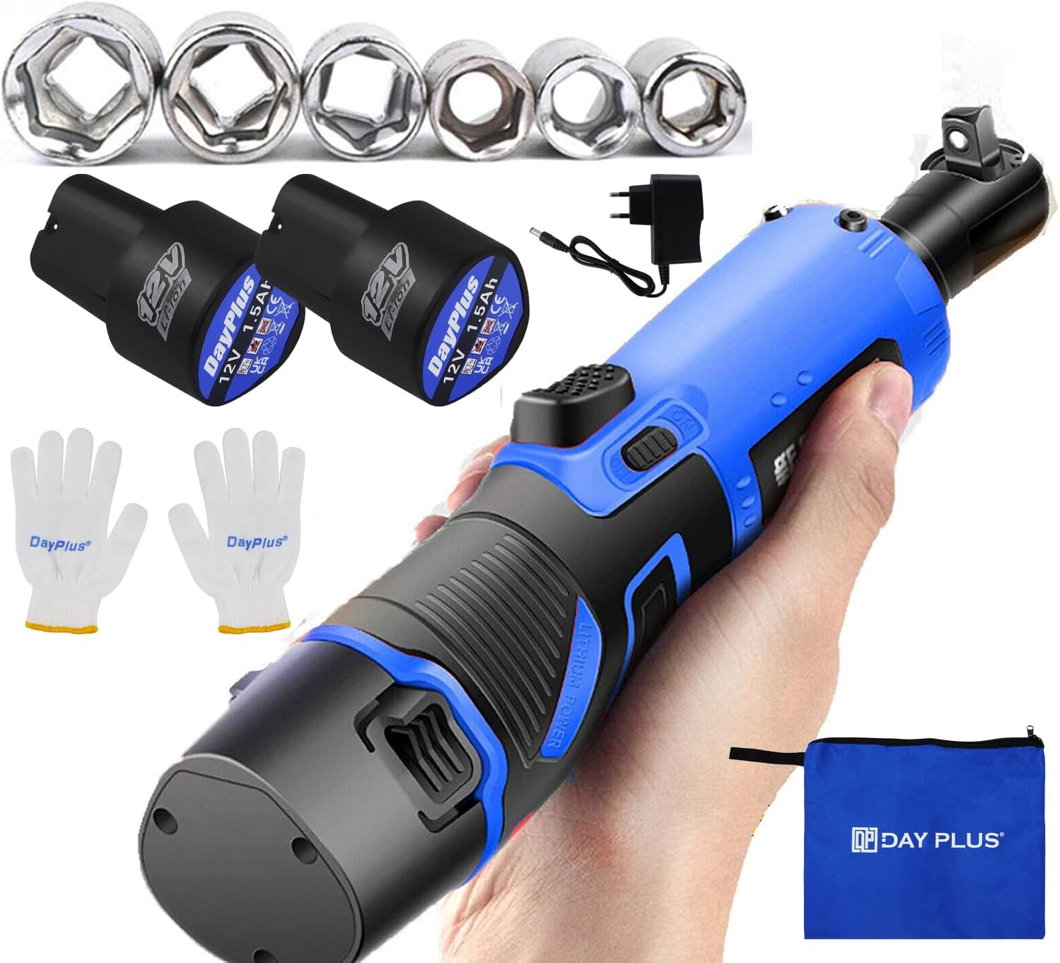 12V Cordless Electric Ratchet Wrench with 356In-lb Max Torque, 7 Size Socket Set, 2 x 1500mAh Lithium-Ion Batteries, 1 Fast Charger