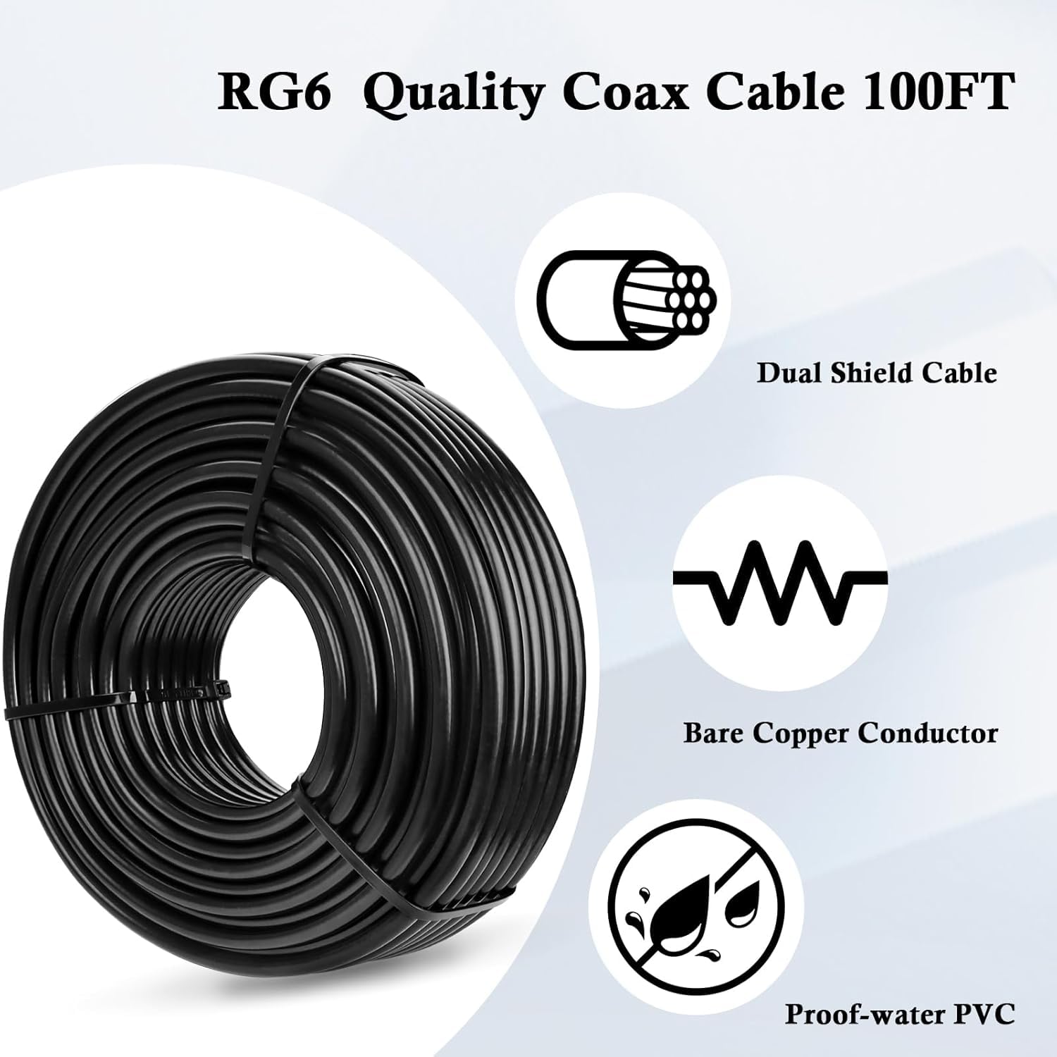 MOOOKEERF - Cavo coassiale RG6, 30,5 m, 18 AWG, 75 Ohm, RG6, cavo a doppia schermatura con conduttore in rame puro per trasmissione, satellitare e applicazioni cellulari, nero