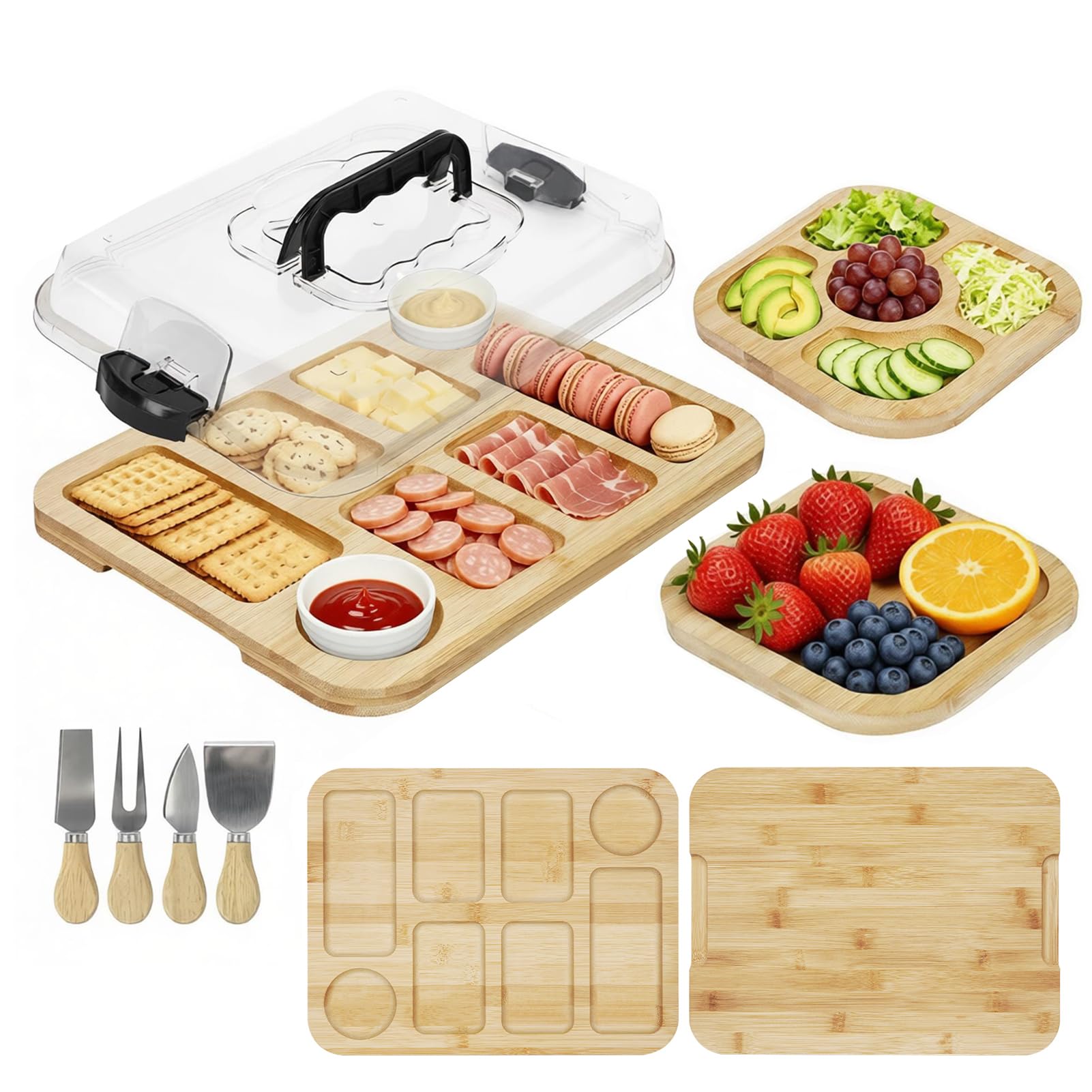 Reversible Charcuterie Board with Lid, 2 in 1 Portable Cheese Board and Knife Set with Carry Handle for Travel Grazing Board for Picnic Accessories