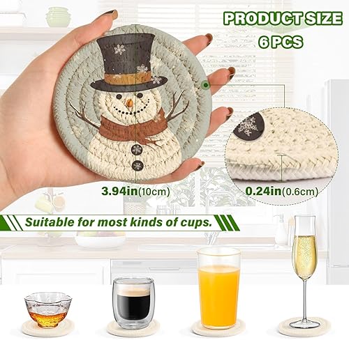 Miniatura 3 de 6 posavasos absorbentes de muñeco de nieve para protección de mesa, hechos a mano, redondos, tejidos con soporte y resistentes al calor, resistentes