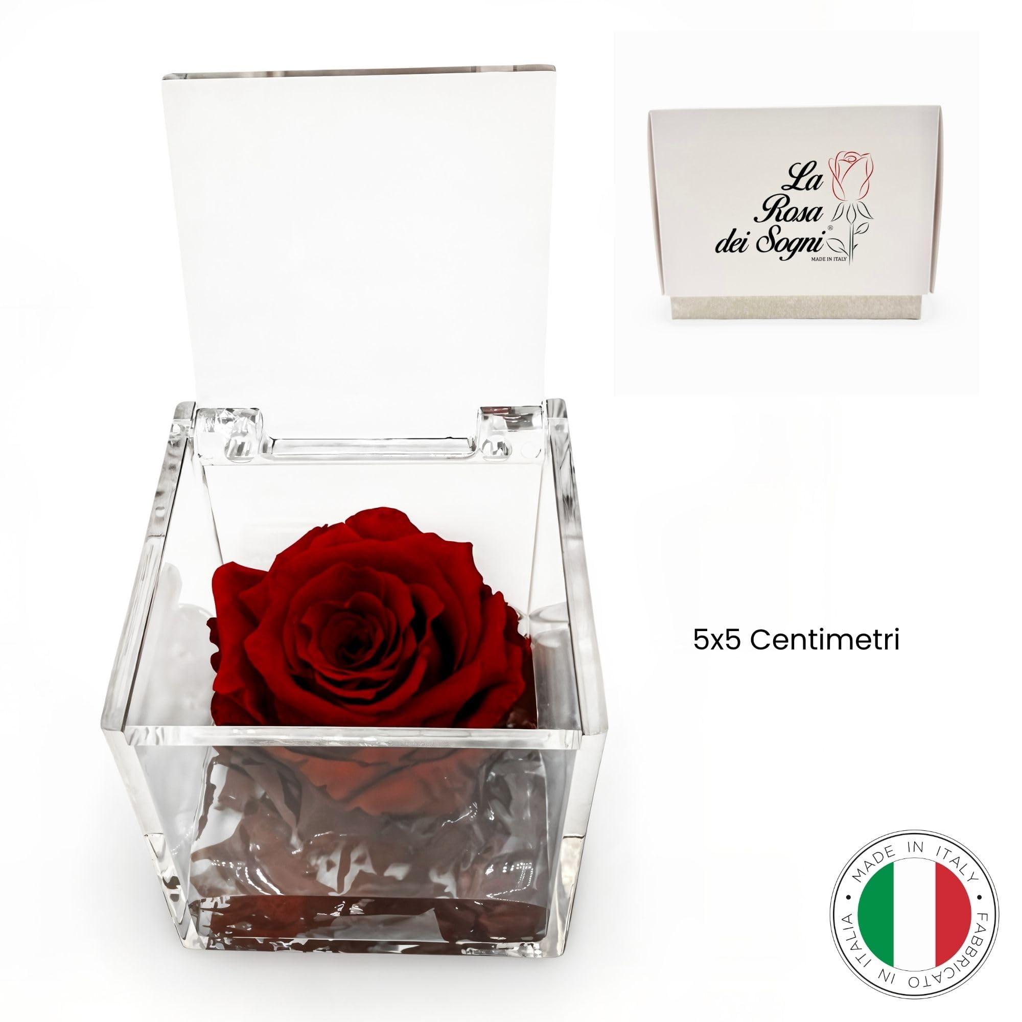 Rosa Stabilizzata Profumata con Petali in gel in Cubo Trasparente - Confezione Regalo Elegante - Durata 5-7 anni - Made in Italy - 5x5 cm (Rosso)