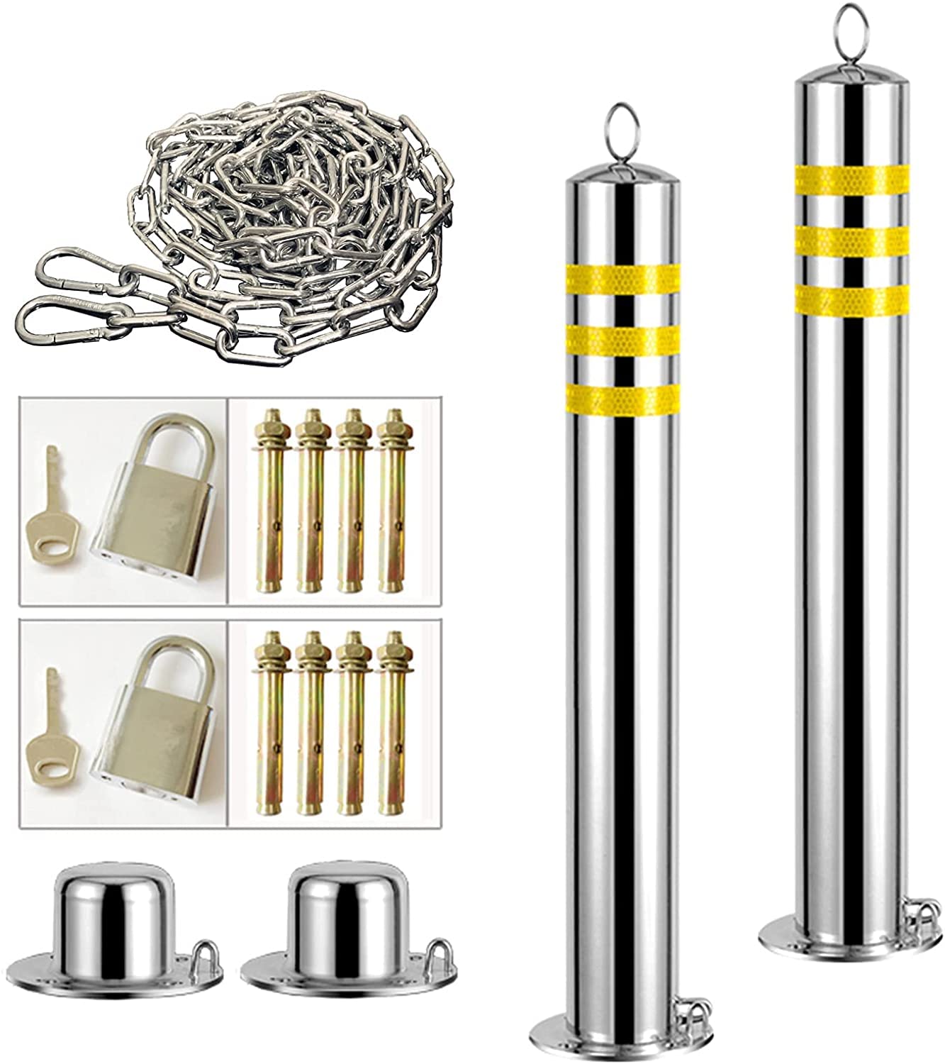 WDSOPK 2X Parking Bollards and 5M Warning Chain,Parking Barrier with Hanging and Reflective Tape,Stainless Steel Security Posts for Driveways,Lockable Parking Barriers