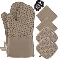 Vista 21 de KEGOUU Juego de 6 manoplas para horno y soportes para ollas, guantes para horno de cocina, resistentes al calor, 500 grados, extra largos