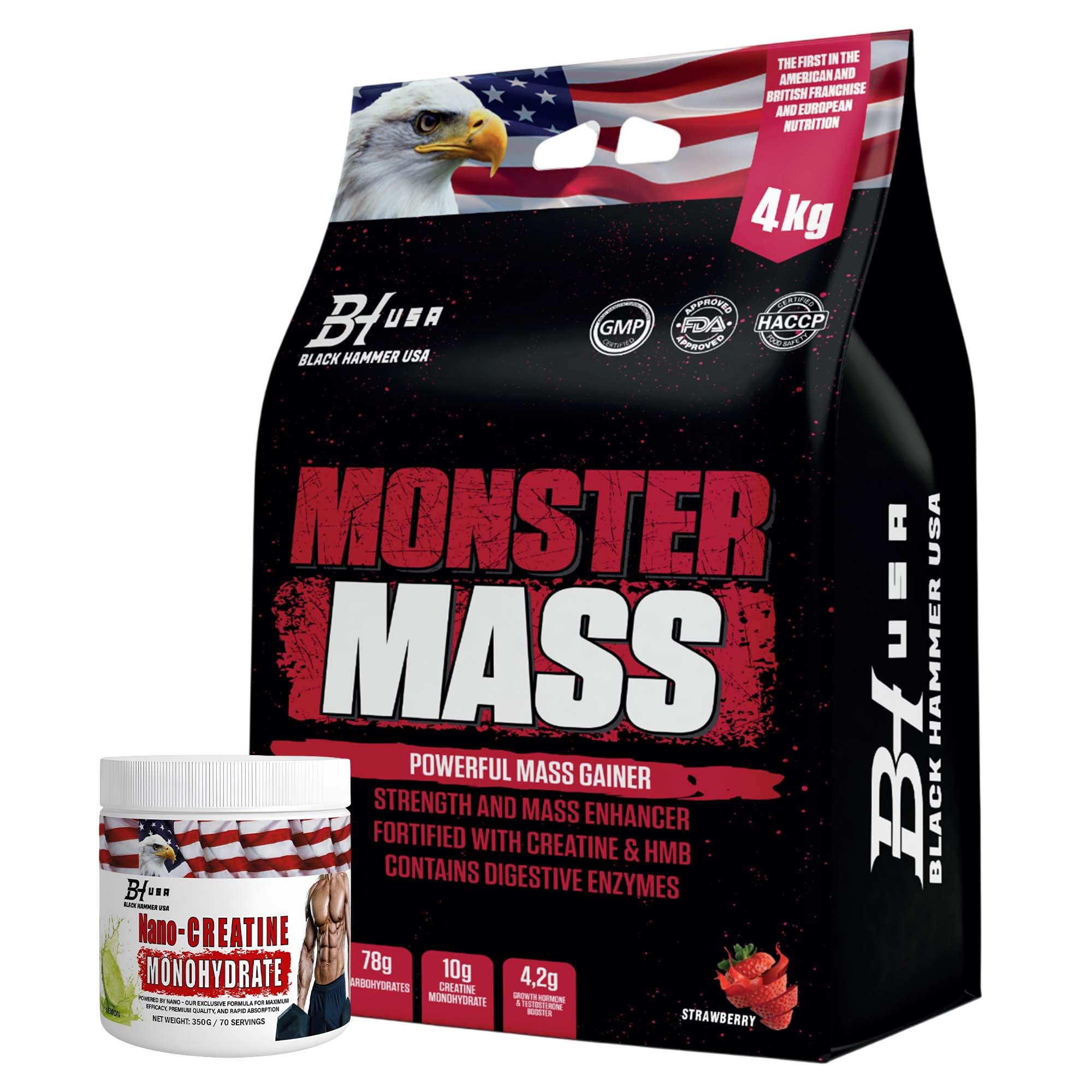 MONSTER Mass Gainer 4kg / 8kg Weight Gainer Protein Powder High Calorie Muscle Builder + FREE Nano Lemon – Black Hammer USA (4000g, Erdbeere)