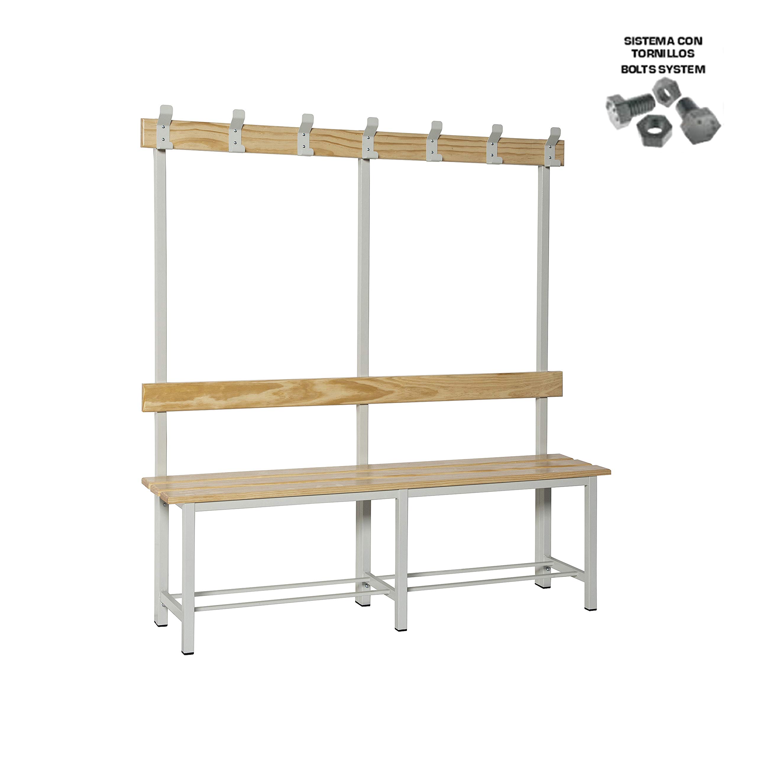Simon Rack Banco Vestuario Madera Pino Barnizado, 1500x1600x350 mm, Banco con Perchero, Estructura Acero, Desmontado, Simonlocker