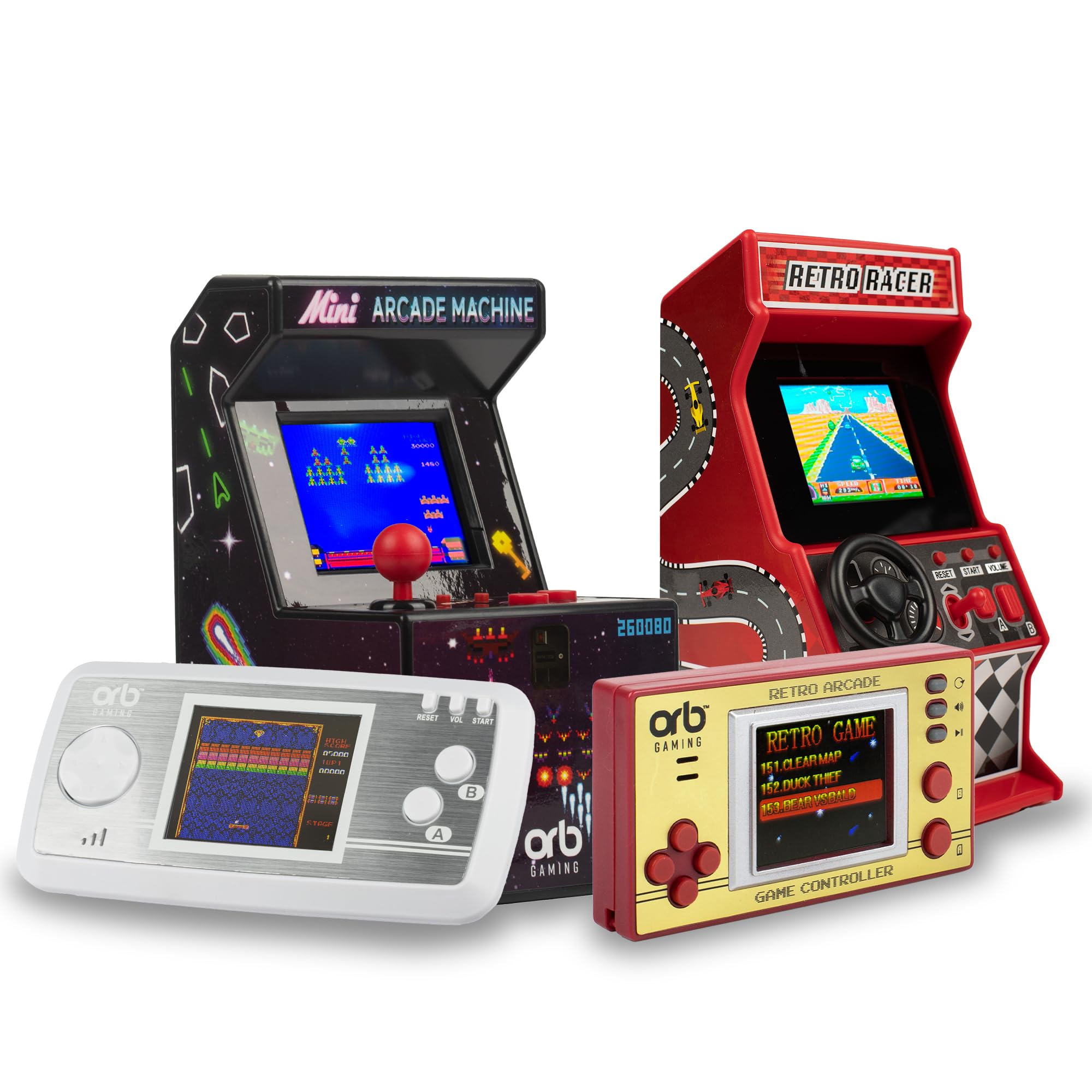 Orb Mini Retro Handheld Games Console & Arcade Bundle - 1 x 150 In-Built Games Console & 2 x 240 In-Built Games Arcade, 1 x 30 In-Built Racing Games, Full Colour LCD Screen - Thumbs Up!
