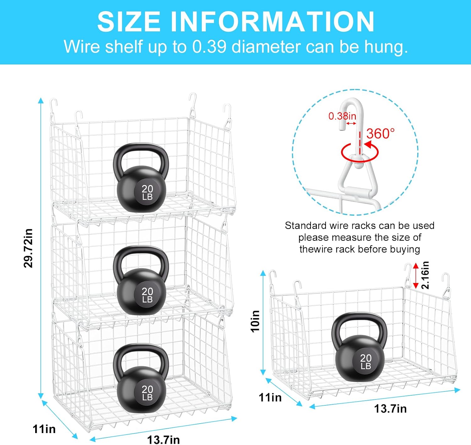3-Tier Hanging Laundry Basket Organizer：Foldable Wire Shelf Laundry Room Organizer with 360°Rotating Hooks Small Space Solutions Closet Hanging Organizer - Laundry Organization, White Patent thumbnail