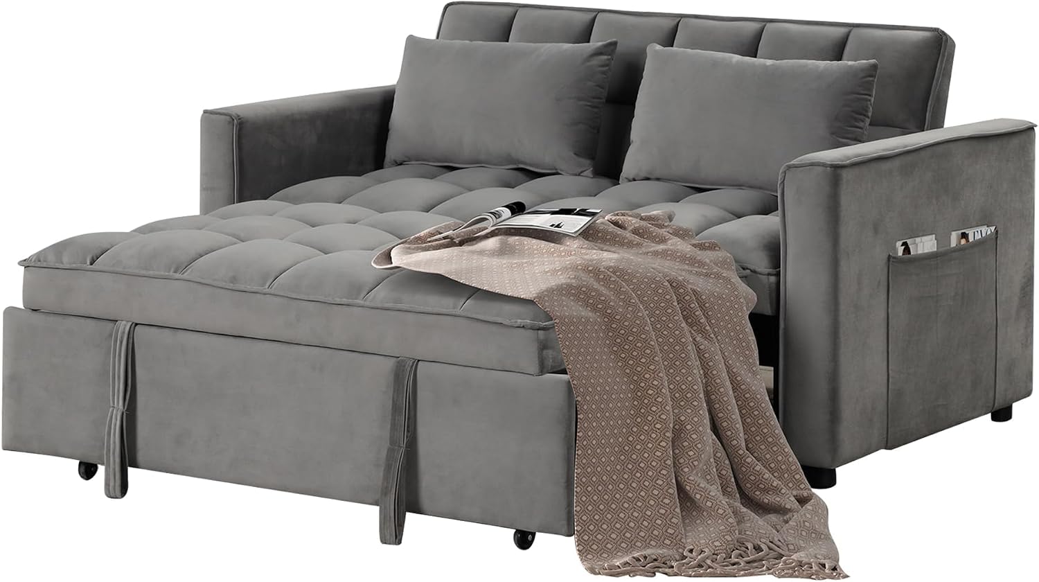 EBELLO 3 in 1 Convertible Sleeper Sofa Bed, Modern Loveseat Couch Pullout Bed for Living Room, Small Love Seat Lounge Sofa with Reclining Backrest, Pillows and Side Storage Pocket，Grey