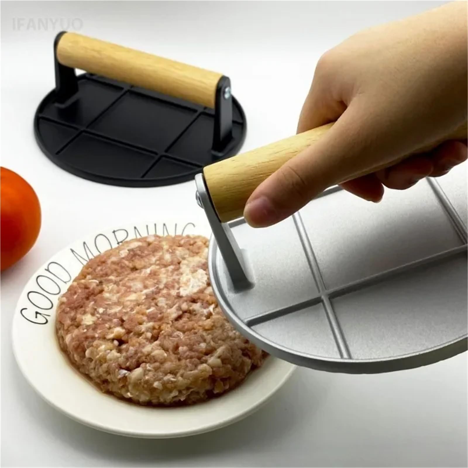 Prensa De Hamburguesas Hierro Fundido For Exteriores, Carne Antiadherente Aleación Aluminio con Mango Madera For Barbacoa En La Cocina del Hogar(Round-Black)