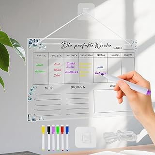 Wochenplaner Abwischbar, Essensplaner Woche aus Acryl für Haushaltsplan, 30 x 20CM Familienplaner mit 6 Whiteboard-Stift Haushaltsplaner zum Aufhängen, To Do Liste für Haushalt auf Deutsch