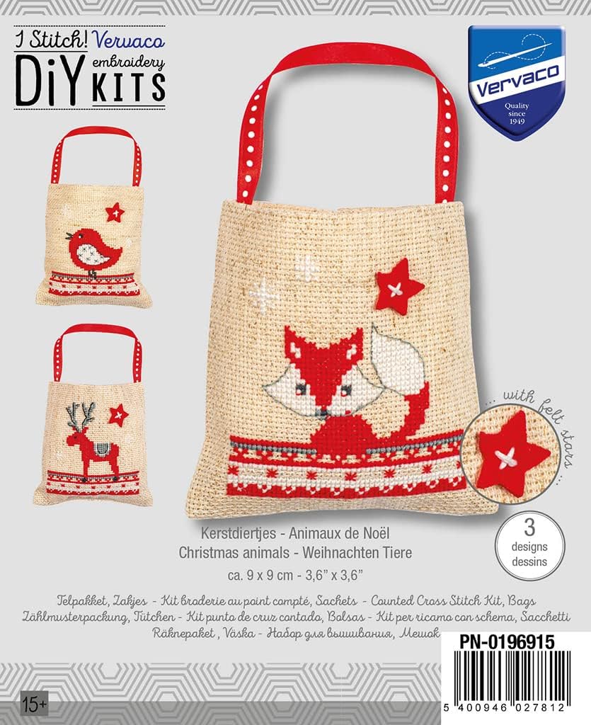 Vervaco Counted Cross Stitch Gift Bags Kit 3.6"X3.6" 3/Pkg-Christmas Animals (18 Count) -V0196915