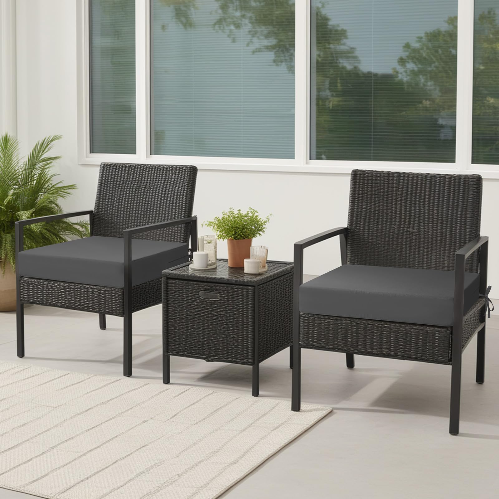 Juego de 2 cojines para silla, 50 x 50, para exteriores, espuma impermeable, para exteriores, jardín, terraza, con cintas, color gris oscuro