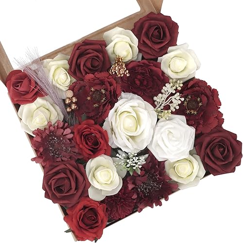 Whonline 20 piezas de rosas artificiales color burdeos para el día de San Valentín, ramos de boda, centros de mesa, arreglos para decoración del