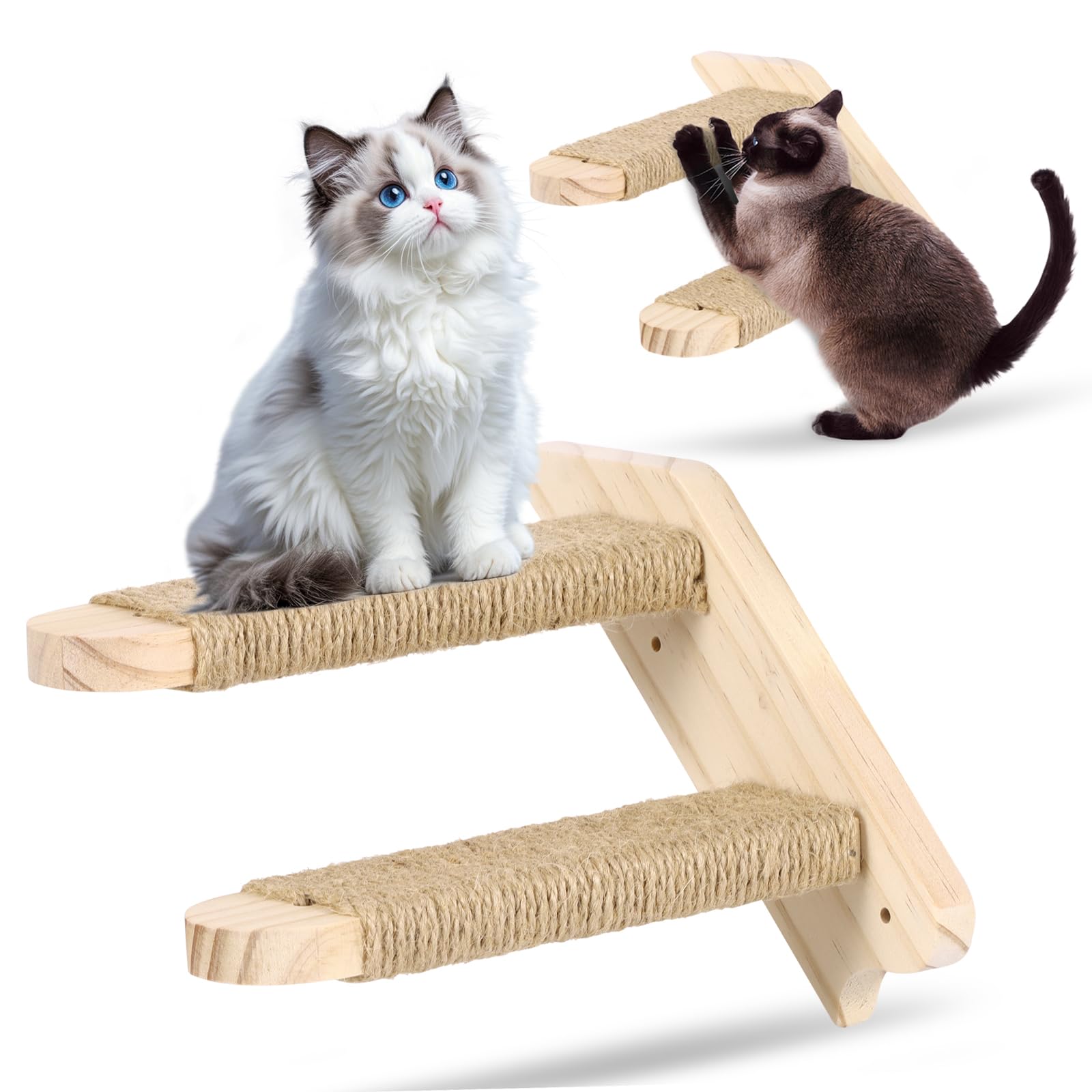 Katzentreppe Wandliege aus Massivholz, mit Juteseil zum Kratzen, Links nach Rechts, bis 15 kg