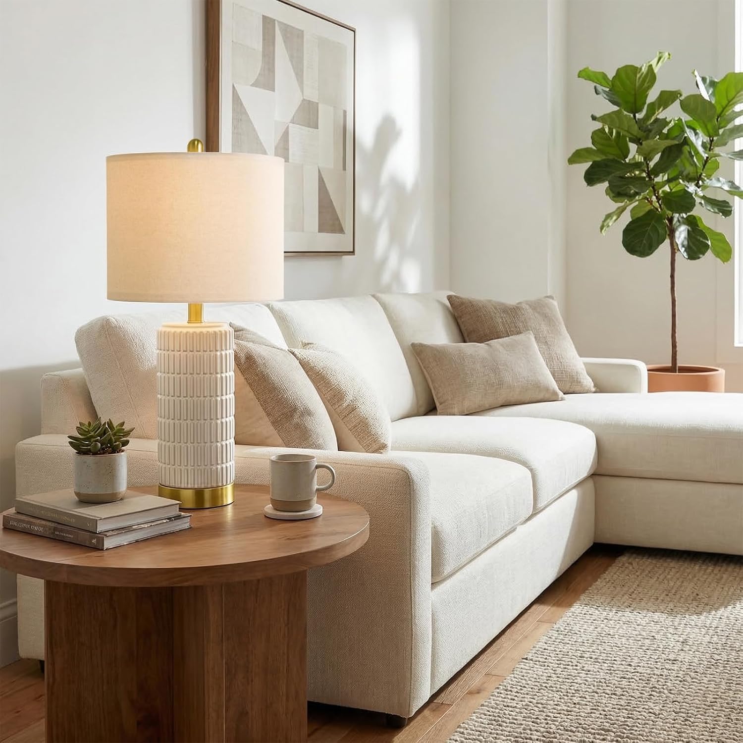 PoKat Small Bedside Table Lamps Set of 2 for Bedroom Living Room, 21.5'' Modern Ceramic Nightstand Lamps with Gold Base, Farmhouse Table Lamps for Office End Side Table Console, White and Beige