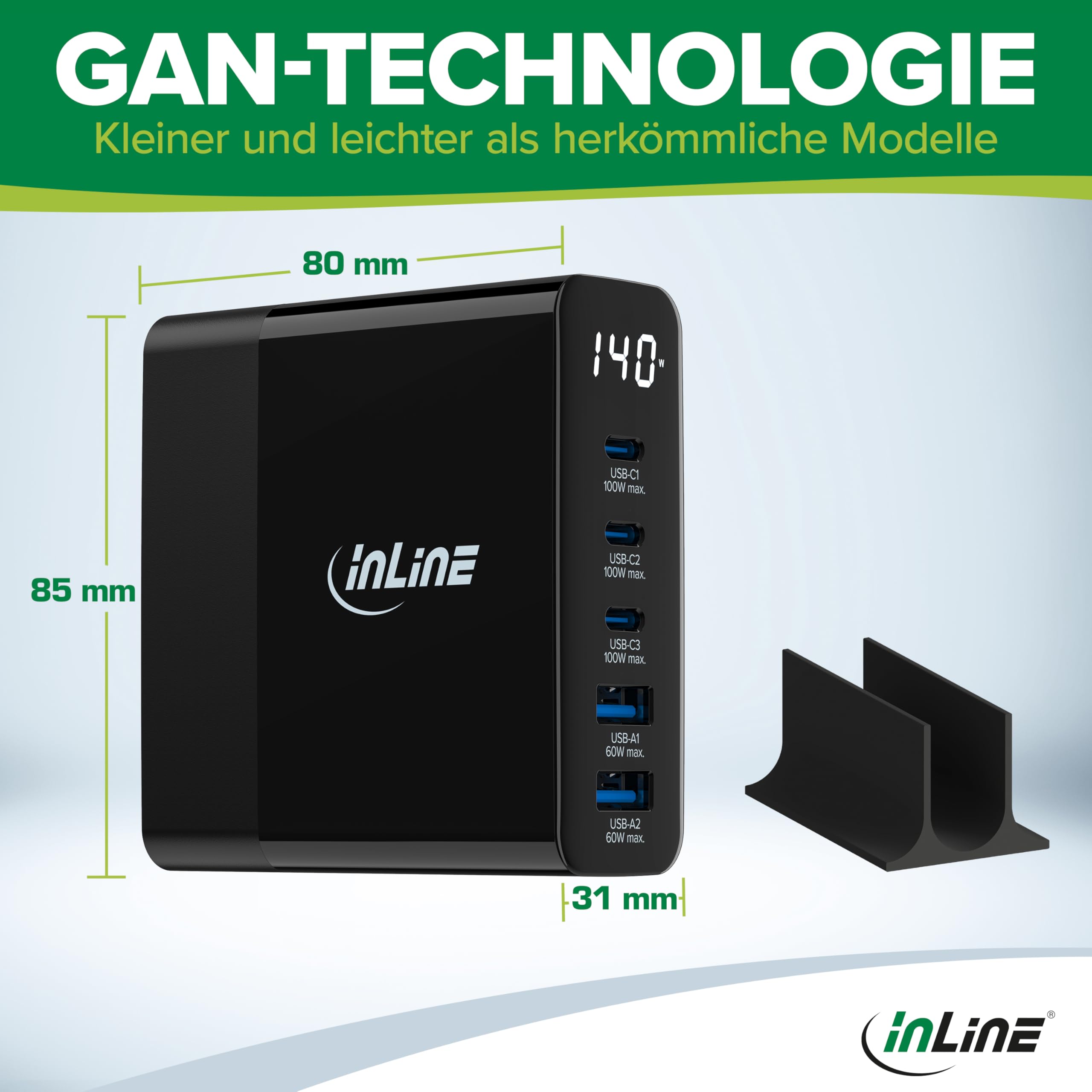 InLine Caricatore USB, 5 porte, display digitale con consumo di energia, 3 X USB-C + 2 X USB-A, GaN, 140 W, caricatore rapido, PD3.0, QC3.0, alimentatore per iPhone/Pro/Mini, Samsung e altro ancora,