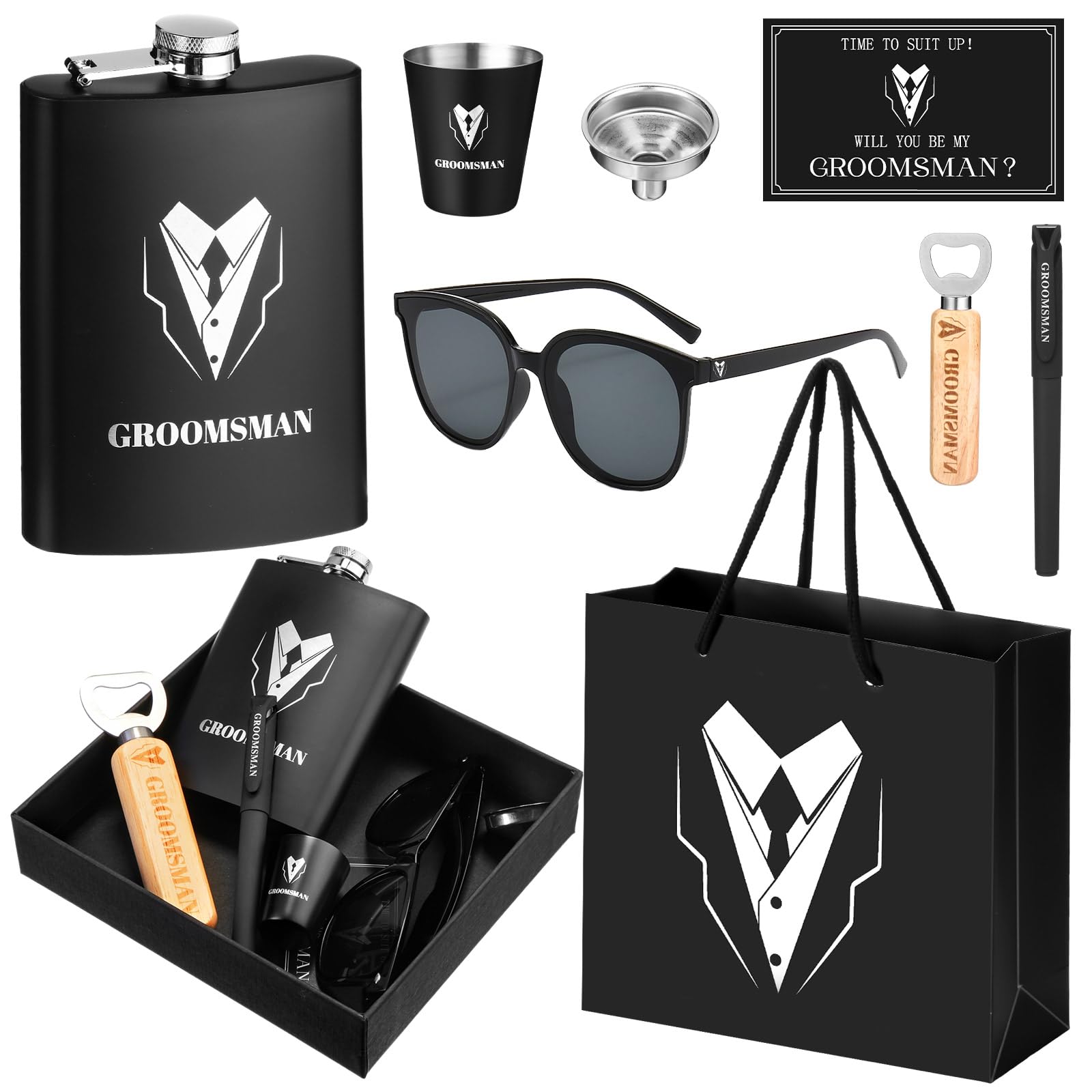Layhit 9 Pcs Groomsmen Proposal Gifts Set of 1 Wedding Party Gift Including 1 Flask 2 Stainless Steel Shot Glass 1 Wood Bottle Opener 1 Pen 1 Sunglasses 1 Card 1 Box 1 Bag