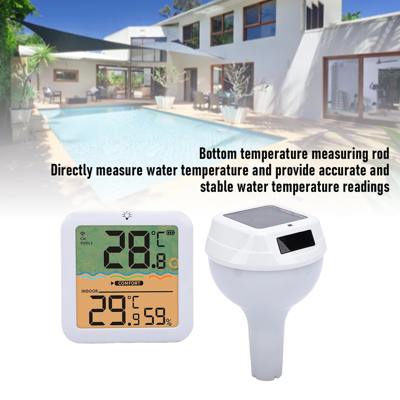 Tangxi Termómetro Solar Digital para Piscina Termómetro Flotante para Piscina con Luces RGB Alimentadas por Energía Solar Pantalla Digital Temperatura Interior Exterior Humedad para (WHITE)
