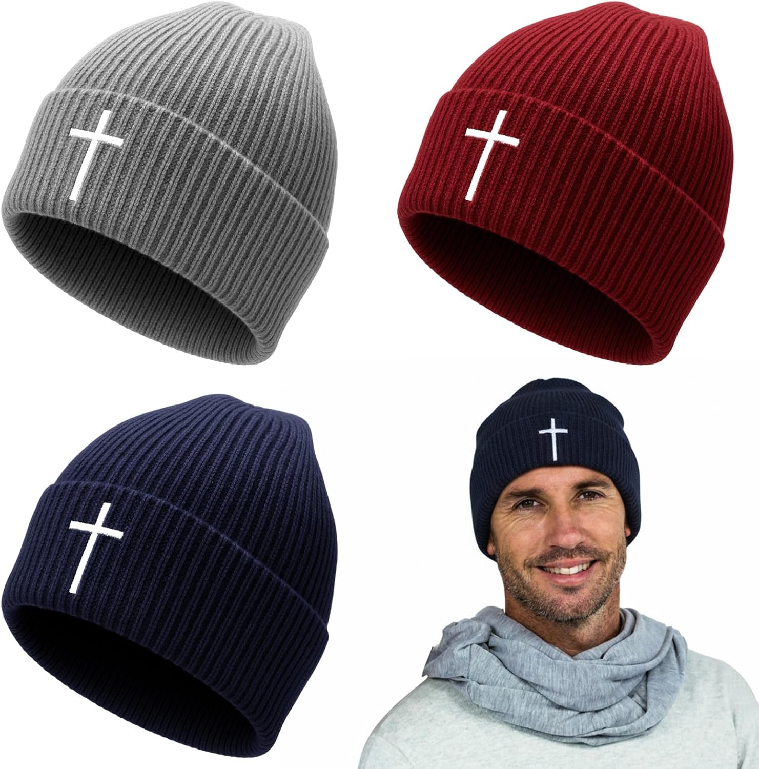 Berlune 3 Pcs Christian Cross Beanie Religious Beanie Winter Hat with Cross Pattern for Men Women Catholic Saint God