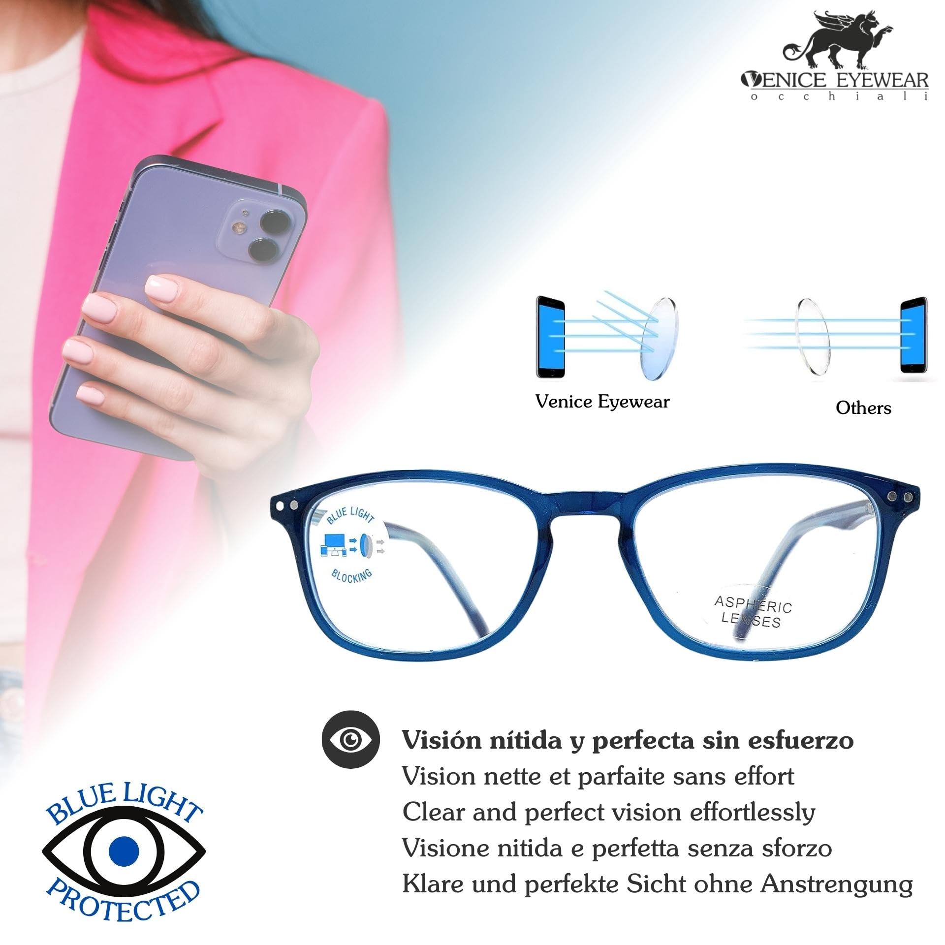 VENICE EYEWEAR OCCHIALI | New Model 2021 Gafas de lectura con filtro bloqueo de luz azul para gaming, ordenador, móvil. Anti fatiga professional unisex venice (Azul con Blue blocking, 3.00)
