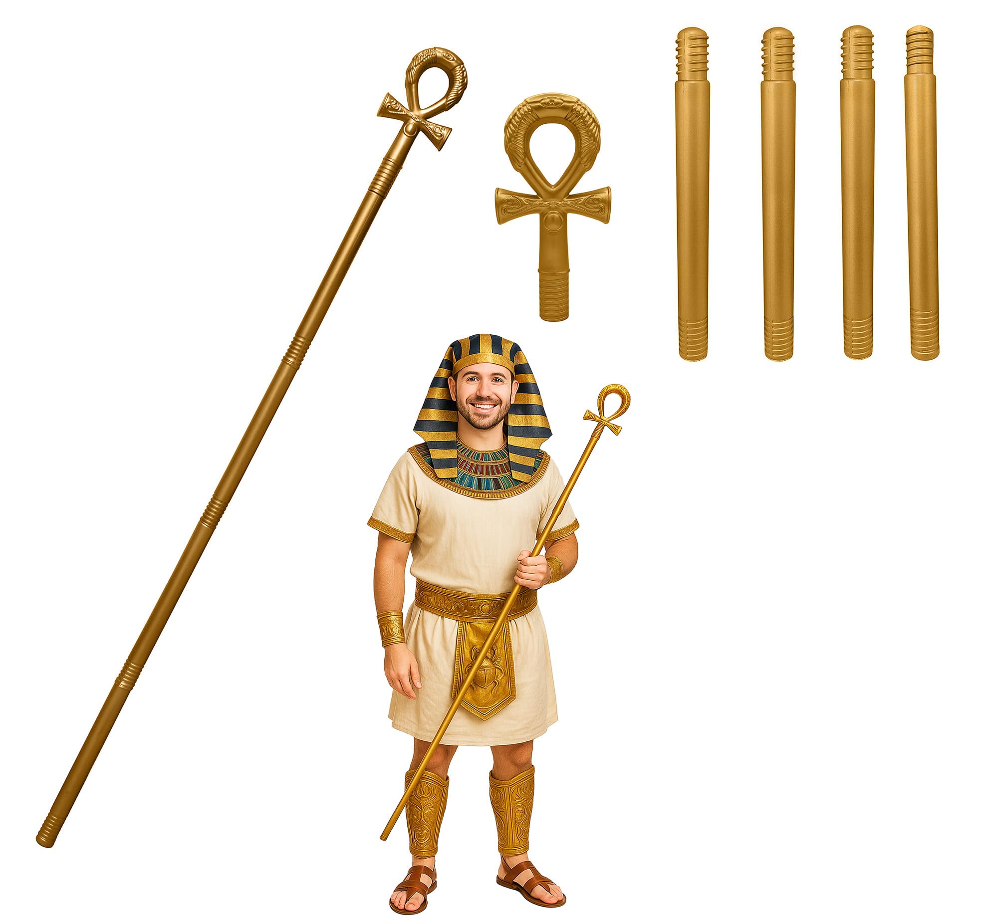 Nicky Bigs Novelties Gold Ankh Staff - Pharaoh Anubis King Tut Scepter - Egyptian Cane Cosplay Halloween Costume Prop, Gold, One Size