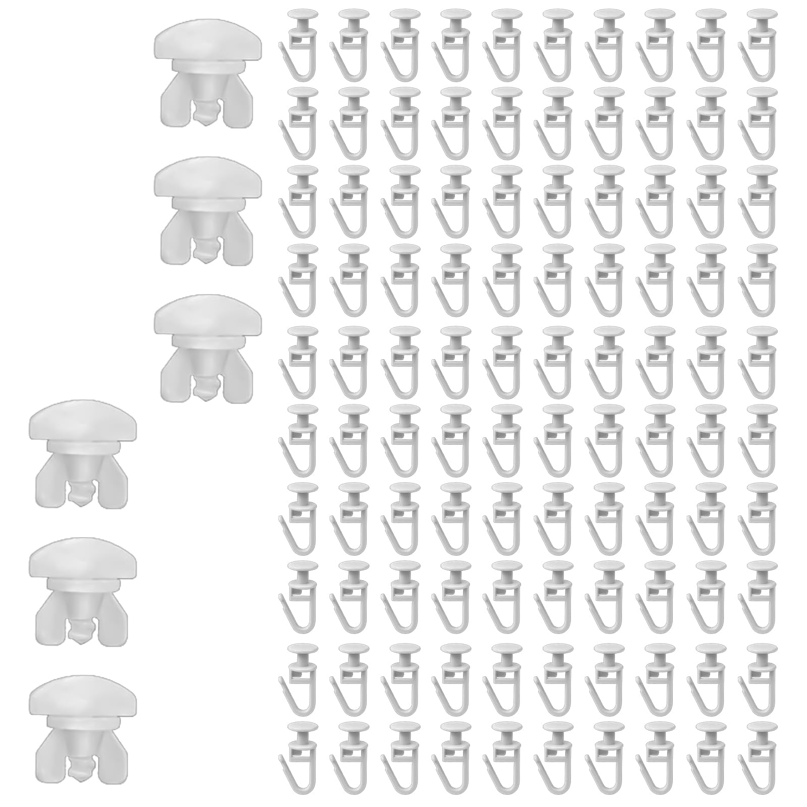 Curtain Hanging Set 100Pcs Track Slides Gliders with Opening Hook and 6Pcs Rails Stoppers for Window Shower Drapery Curtain Track Gliders