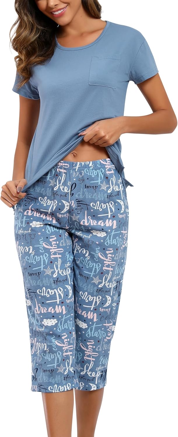PNAEONG Women Pajama Set Sleepwear Tops with Capri Pants Casual and Fun Prints Pajama Sets
