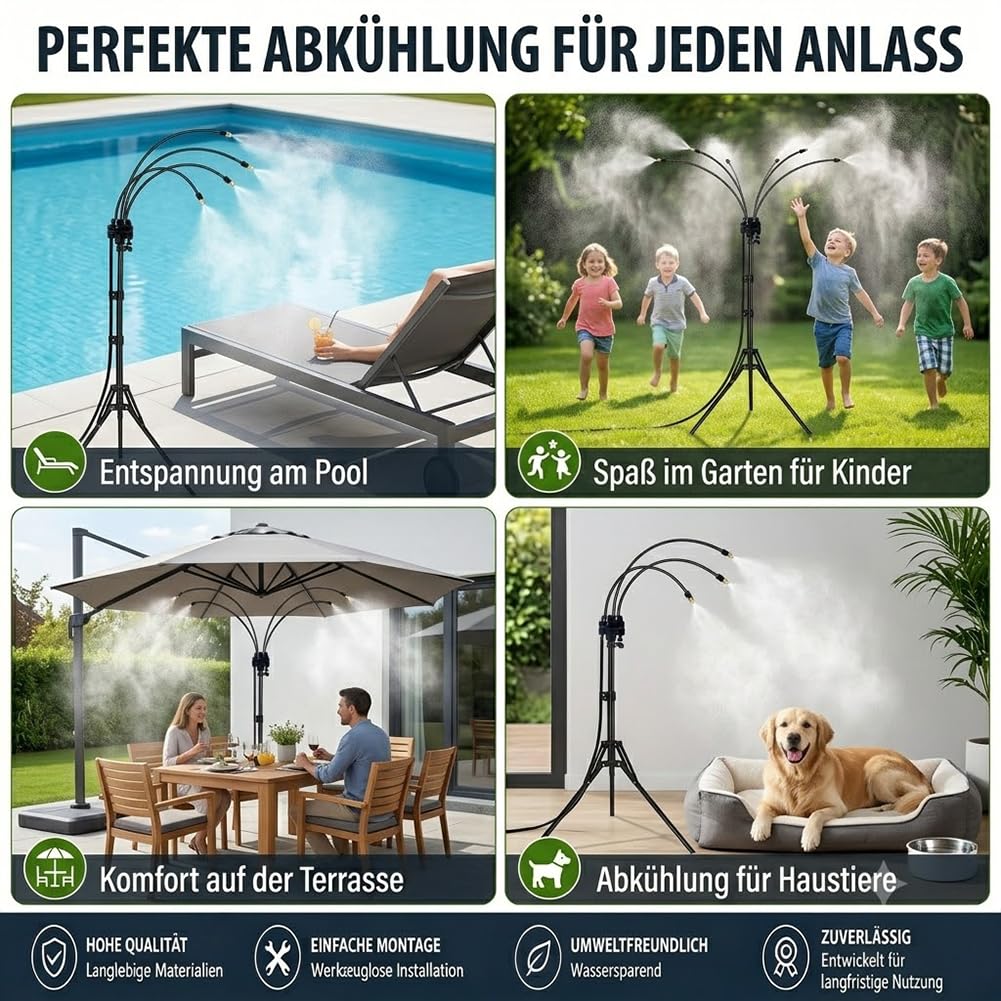 Sprühnebel Terrasse, Wassernebel Kühlung Terrasse mit 360° Drehbarem Arm - Höhenverstellbarer Tragbarer Sprühnebel Kühlung mit 8m Schlauch zum BBQ, Haustierkühlung, Pool & Hinterhof (2 Set)