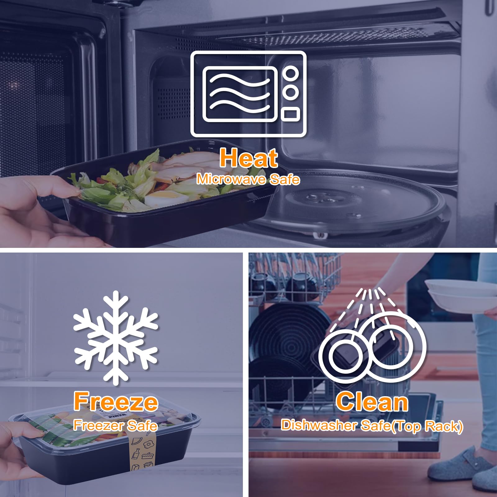 PIRTA Paquete de 60 recipientes reutilizables de 24 onzas con tapas, seguros para alimentos, a prueba de fugas, microondas, congelador, lavavajillas, para llevar, lonchera Bento de plástico para