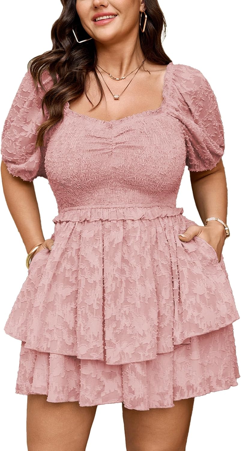 SCOMCHIC Plus Size Romper Dress Sweetheart Neckline Smocked Short Jumpsuit Playsuits with Pockets