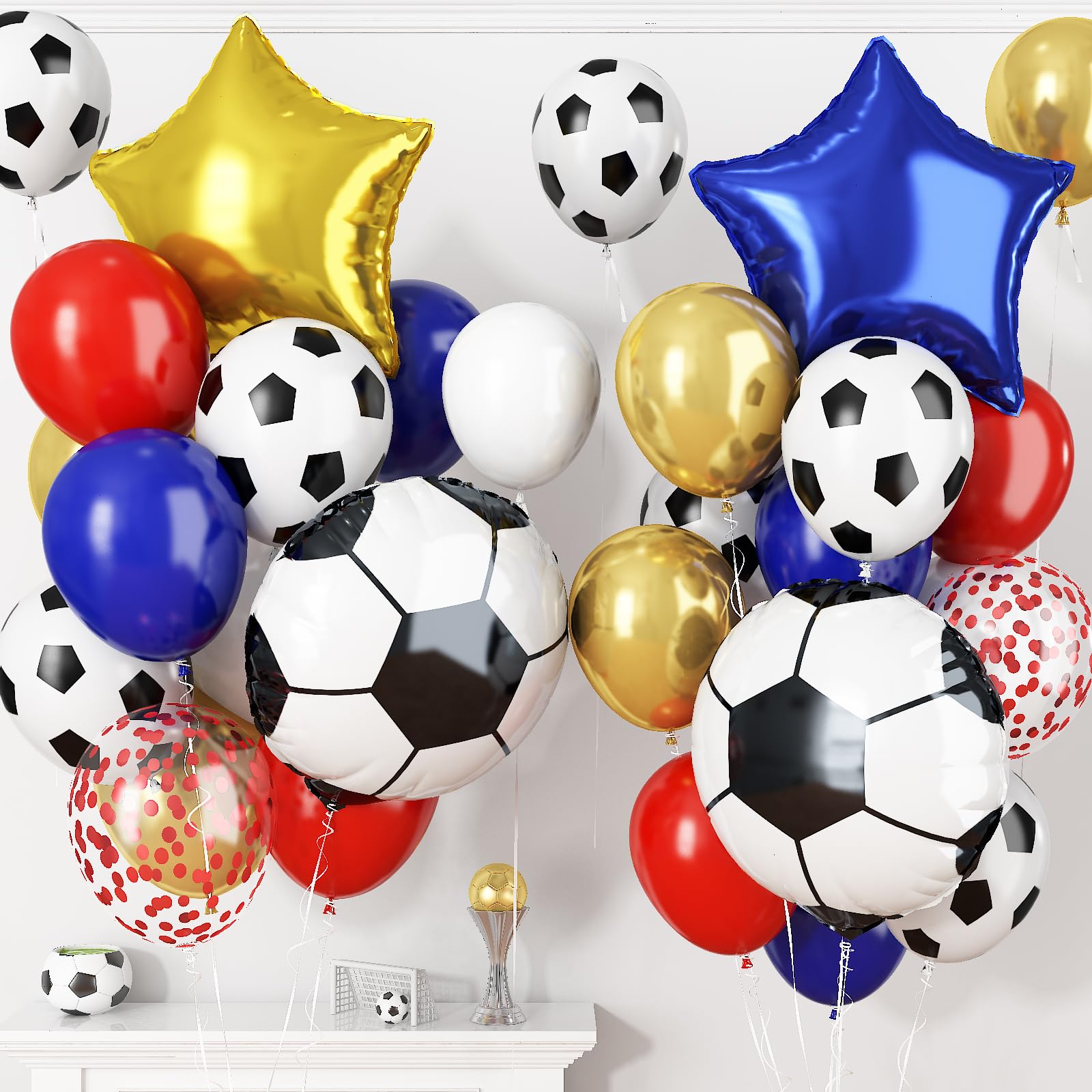 Soccer Balloons, Red Gold Blue Balloons with 18 Inch Soccer Ball Star Foil Printed Balloons, Metallic Gold Red Confetti Balloon for Soccer Sports Theme Boys Men Birthday Baby Shower Party Decorations